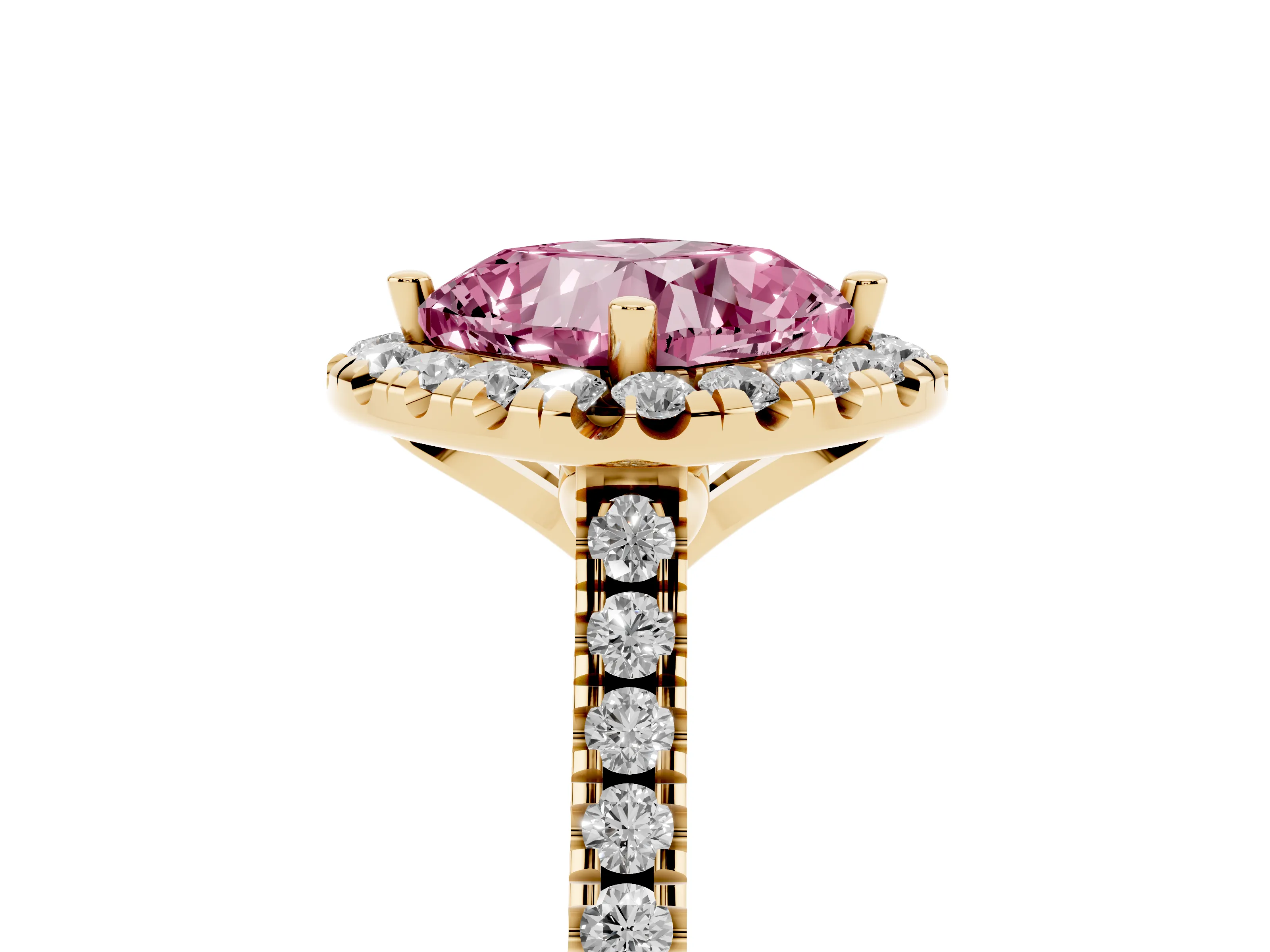 Fancy Pink Cushion Cut Diamond Cushion Halo Ring Set in Yellow gold with Pavé Band
