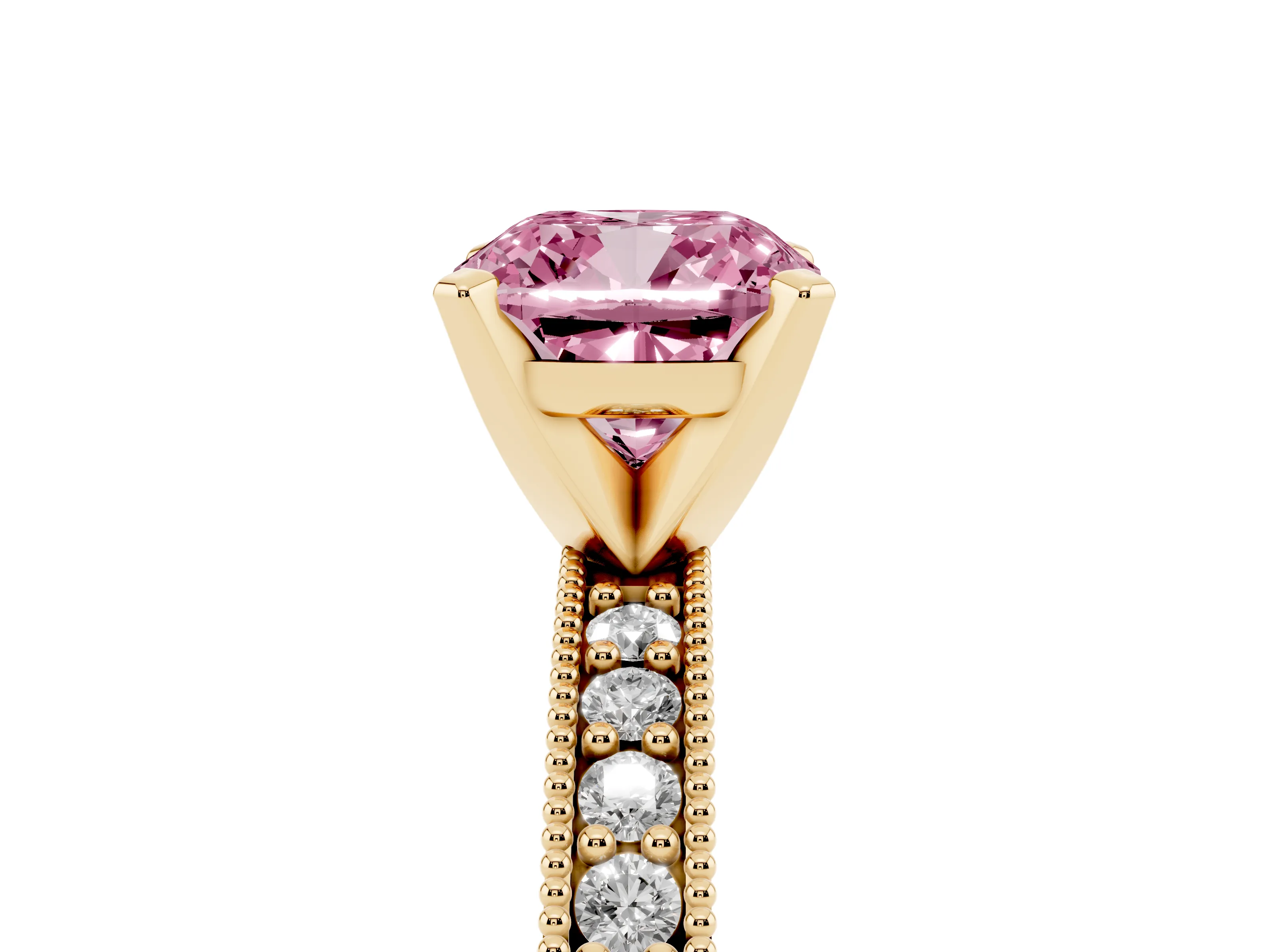 Fancy Pink Cushion Cut Diamond Milgrain Pavé Engagement Ring Set in Yellow gold with Prong Setting