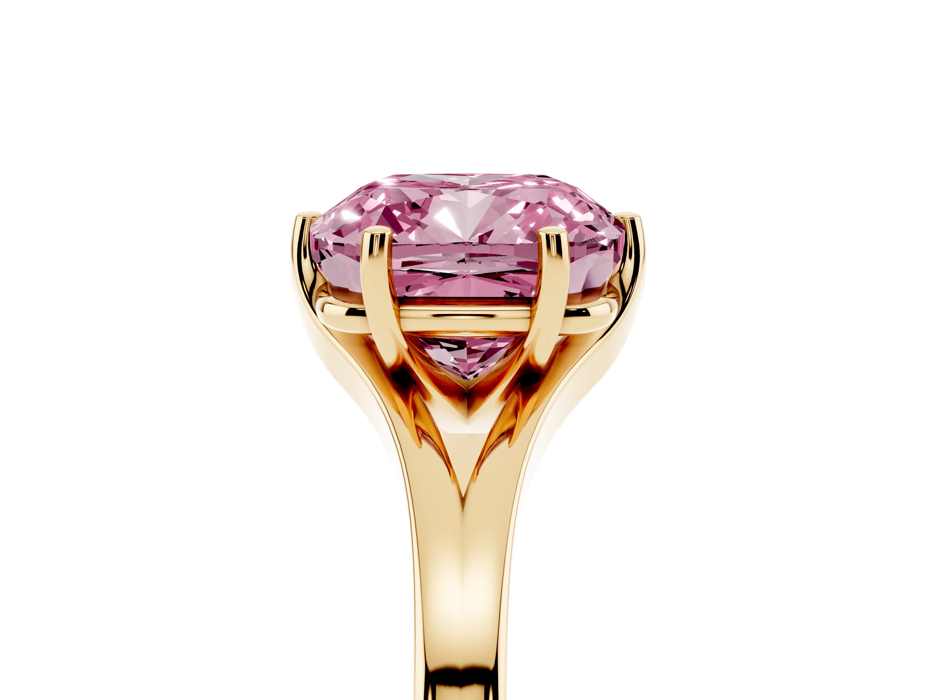 Fancy Pink Cushion Cut Diamond Solitaire Ring Set in Yellow gold with Polished Tapered Band and Prong Setting