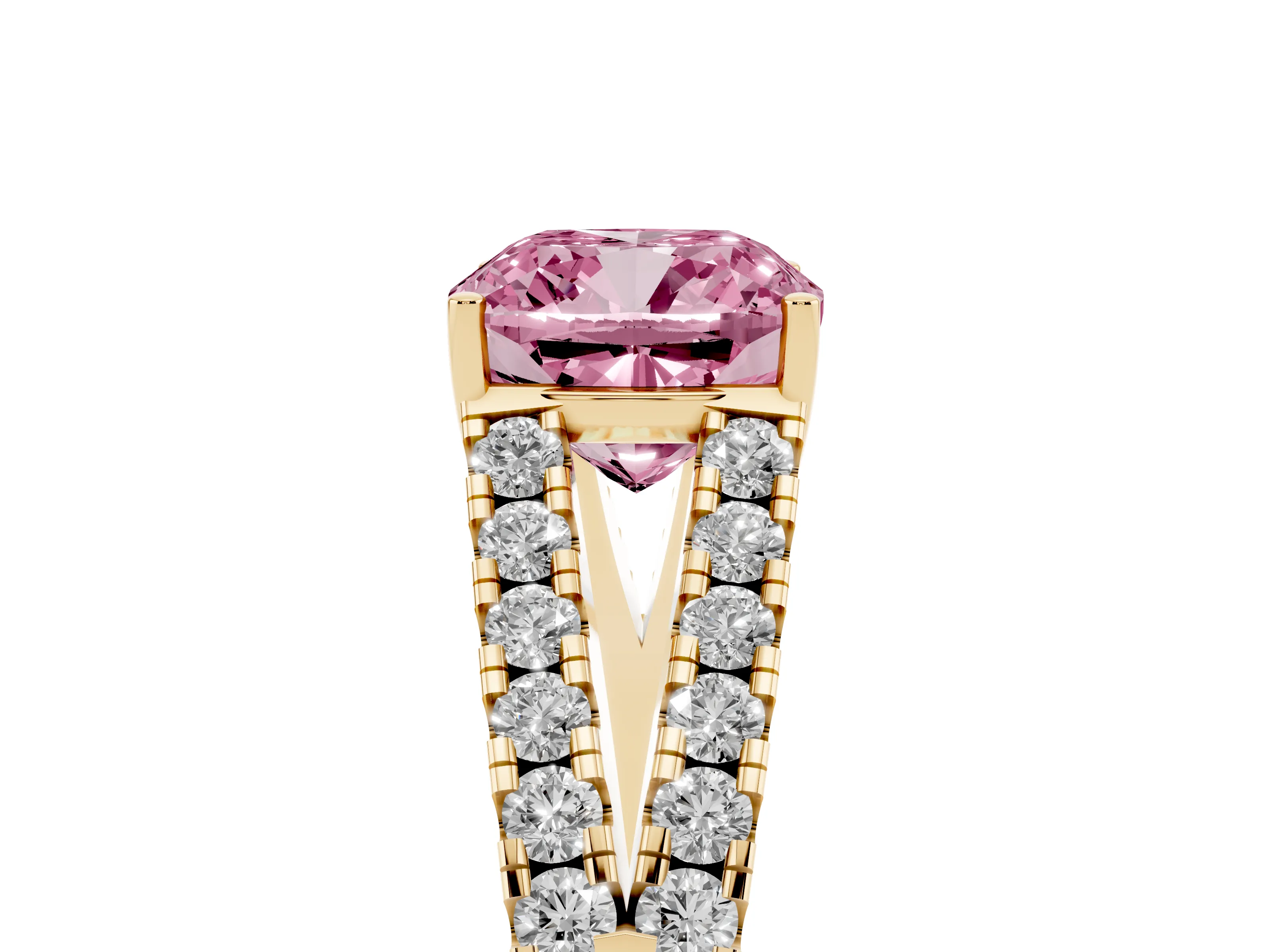 Fancy Pink Cushion Cut Diamond Split Shank Pavé Engagement Ring Set in Yellow gold with Prong-Held Center Stone