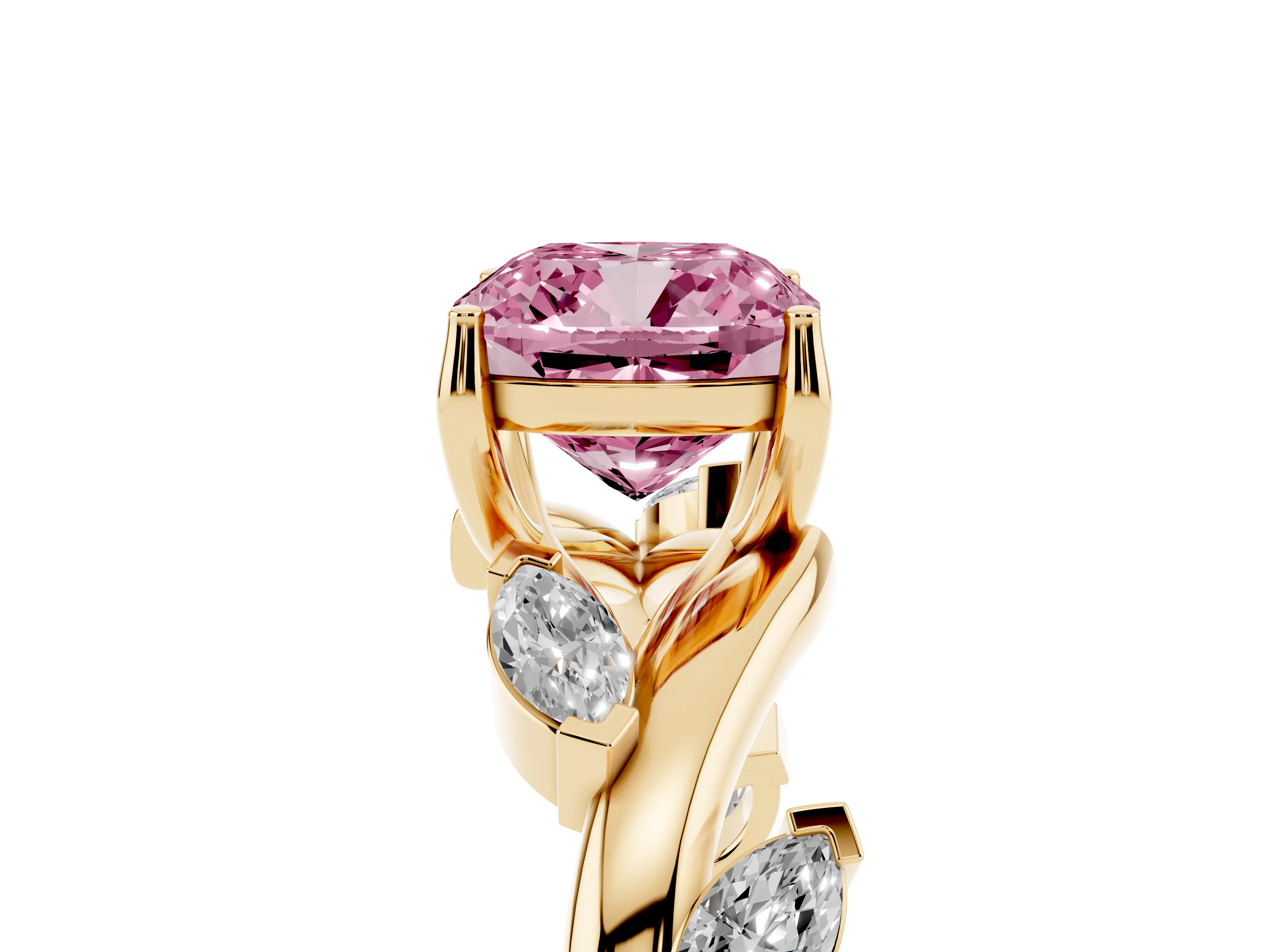 Fancy Pink Cushion Cut Diamond Solitaire Ring Set in Yellow gold with Twisted Marquise Accent Band