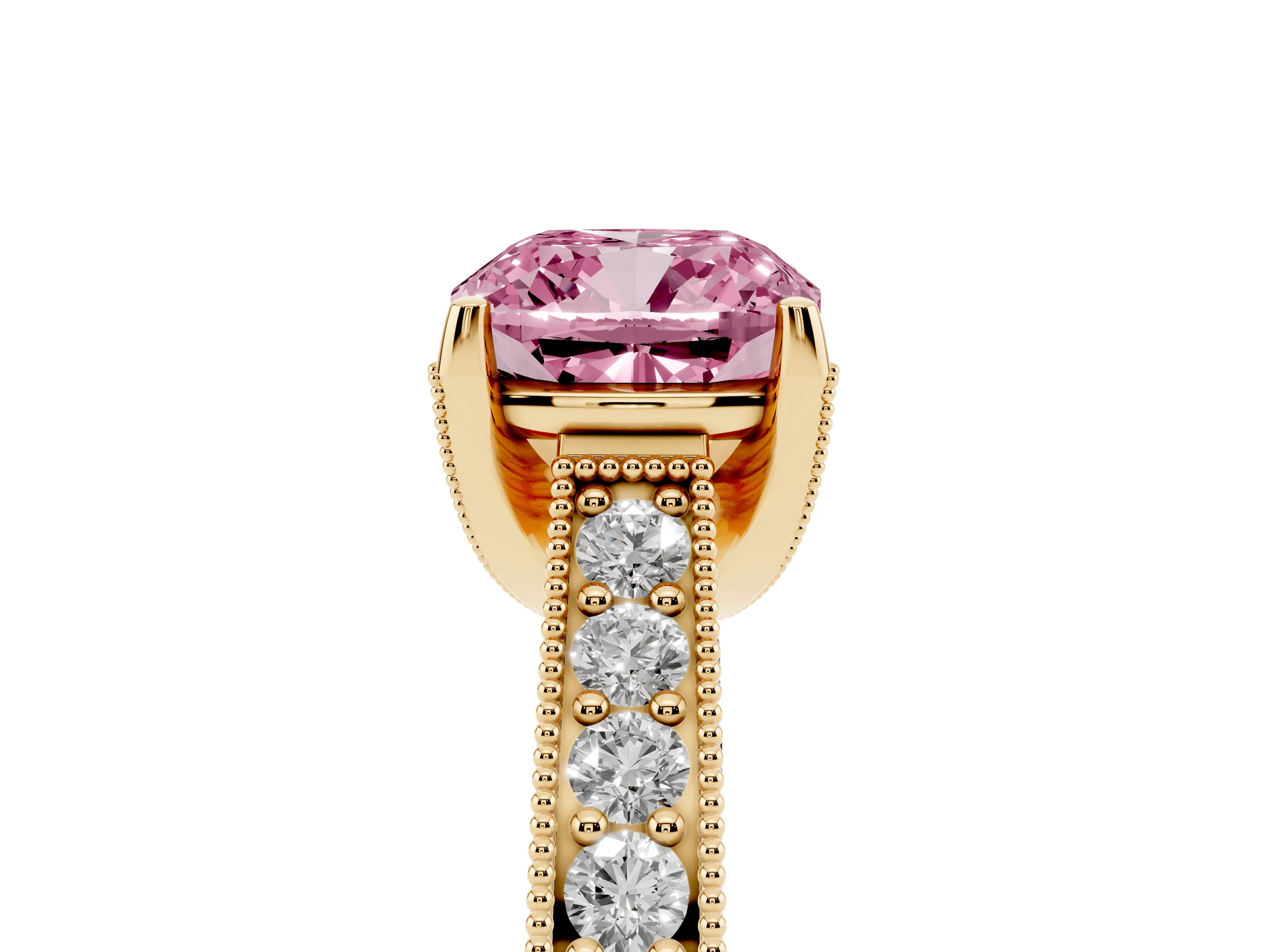 Fancy Pink Cushion Cut Diamond Solitaire Ring Set in Yellow gold with Milgrain-Edged Pavé Band and Prong Setting