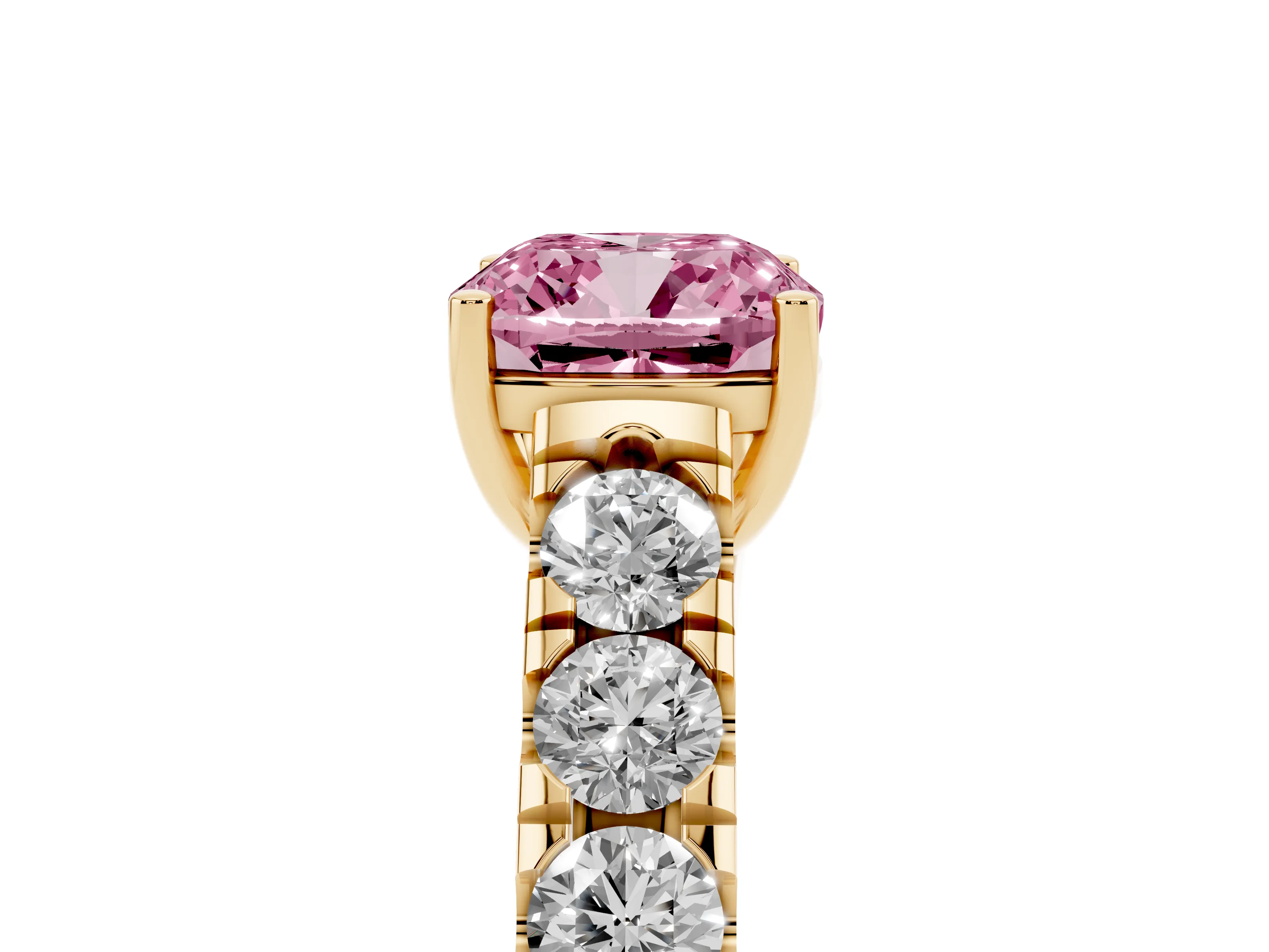Fancy Pink Cushion Cut Diamond Solitaire Ring Set in Yellow gold with Cut-Down Micro Pavé Band and Prong Setting