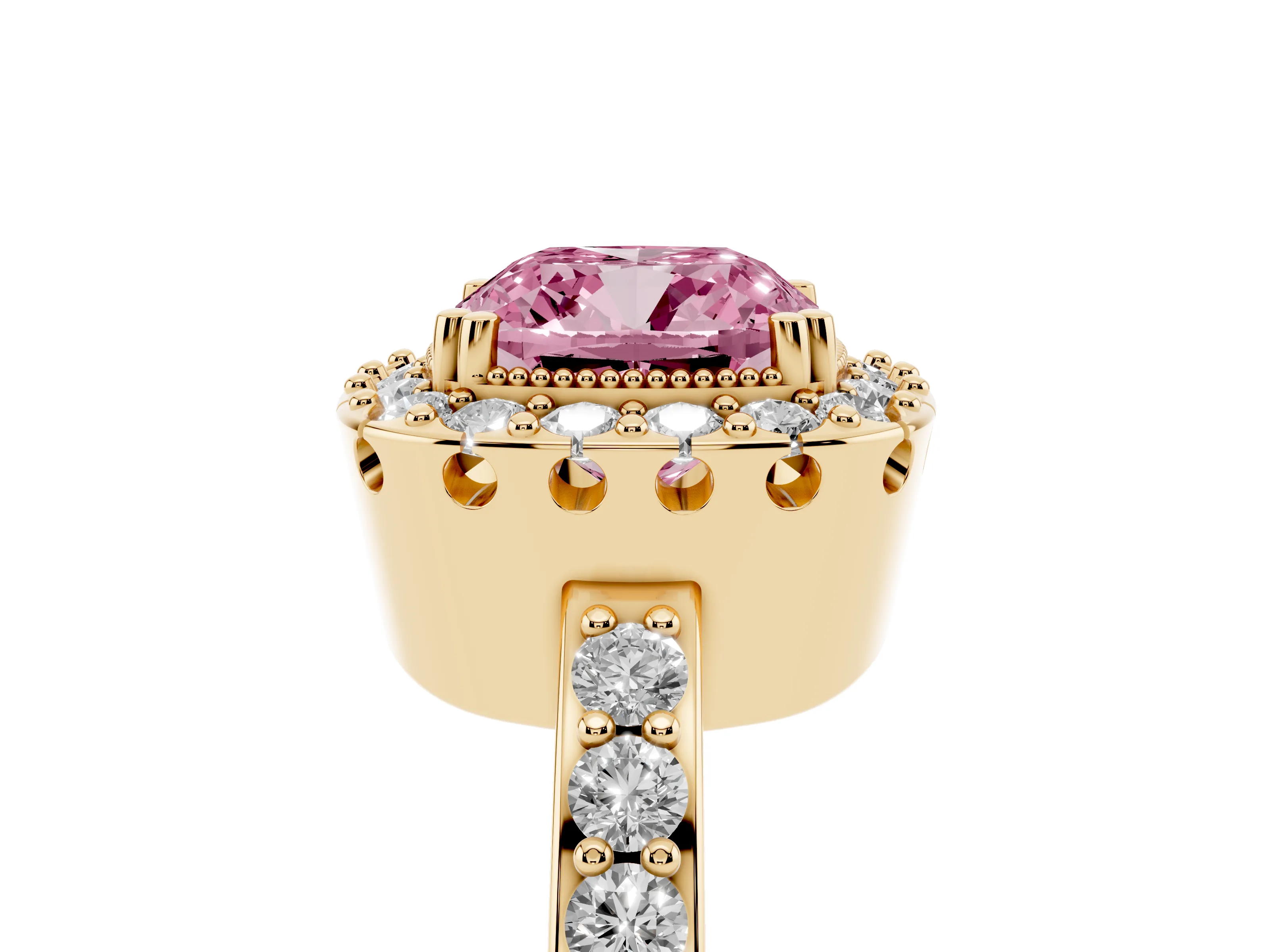 Fancy Pink Cushion Cut Diamond Halo Ring Set in Yellow gold with Pavé Shank and Prong Setting