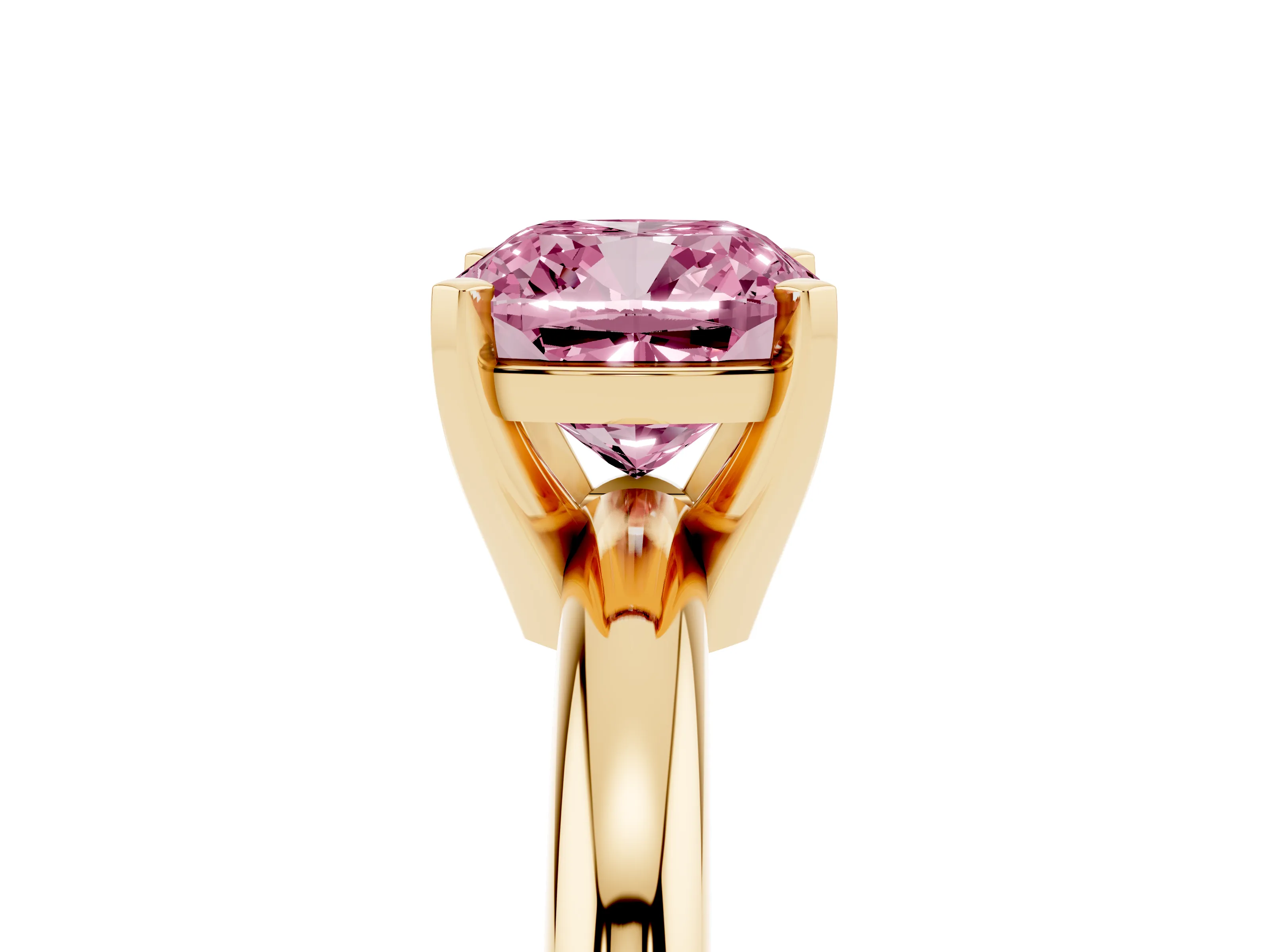 Fancy Pink Cushion Cut Diamond Solitaire Engagement Ring Set in Yellow gold with Round Band and Prong Setting