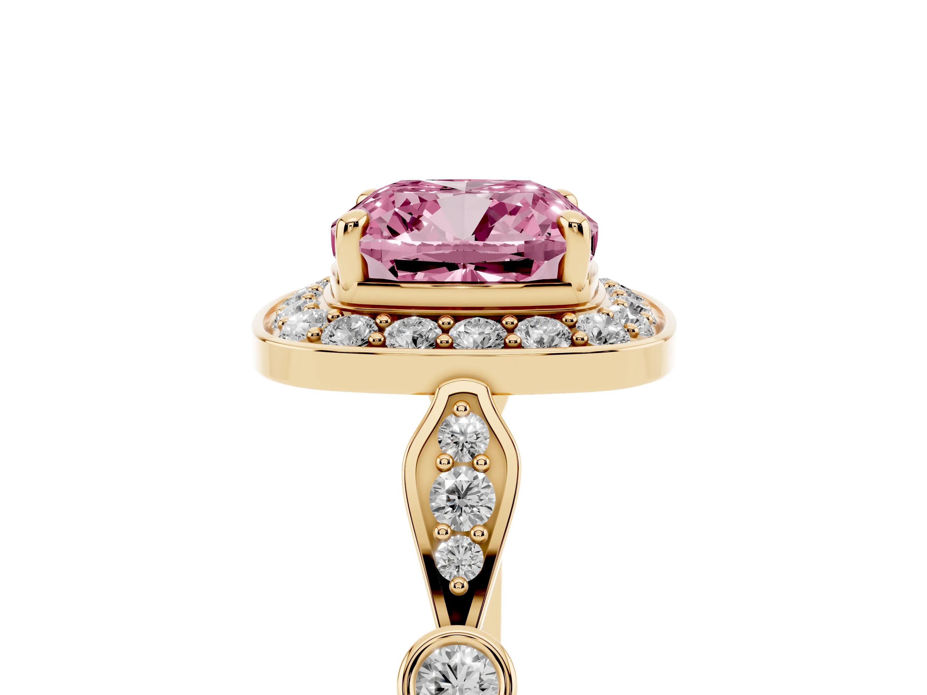 Fancy Pink Cushion Cut Diamond Halo Engagement Ring Set in Yellow gold with Twisted Band and Prong Setting