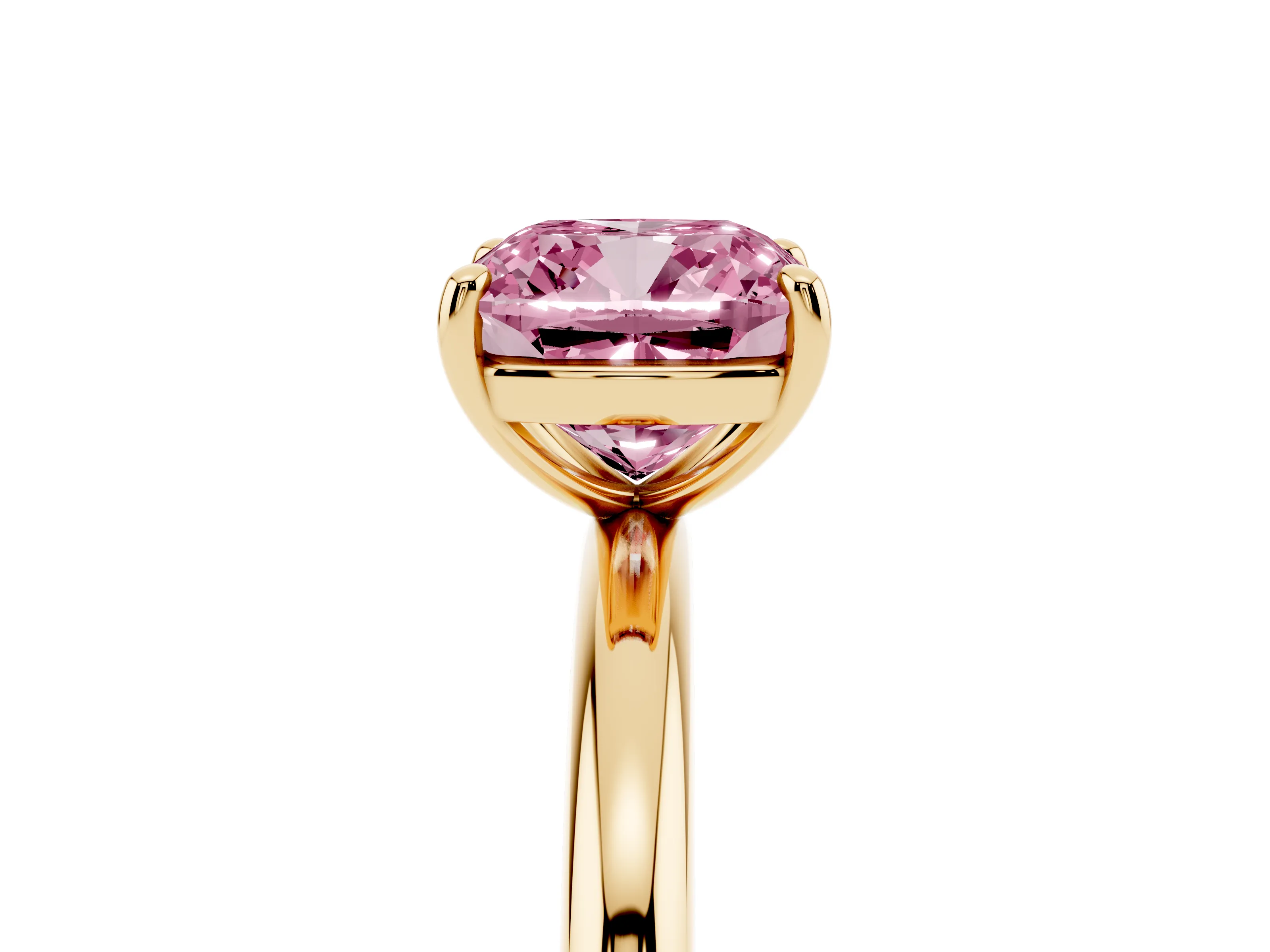 Fancy Pink Cushion Cut Diamond Solitaire Ring Set in Yellow gold with Prong Setting on a Polished Plain Band