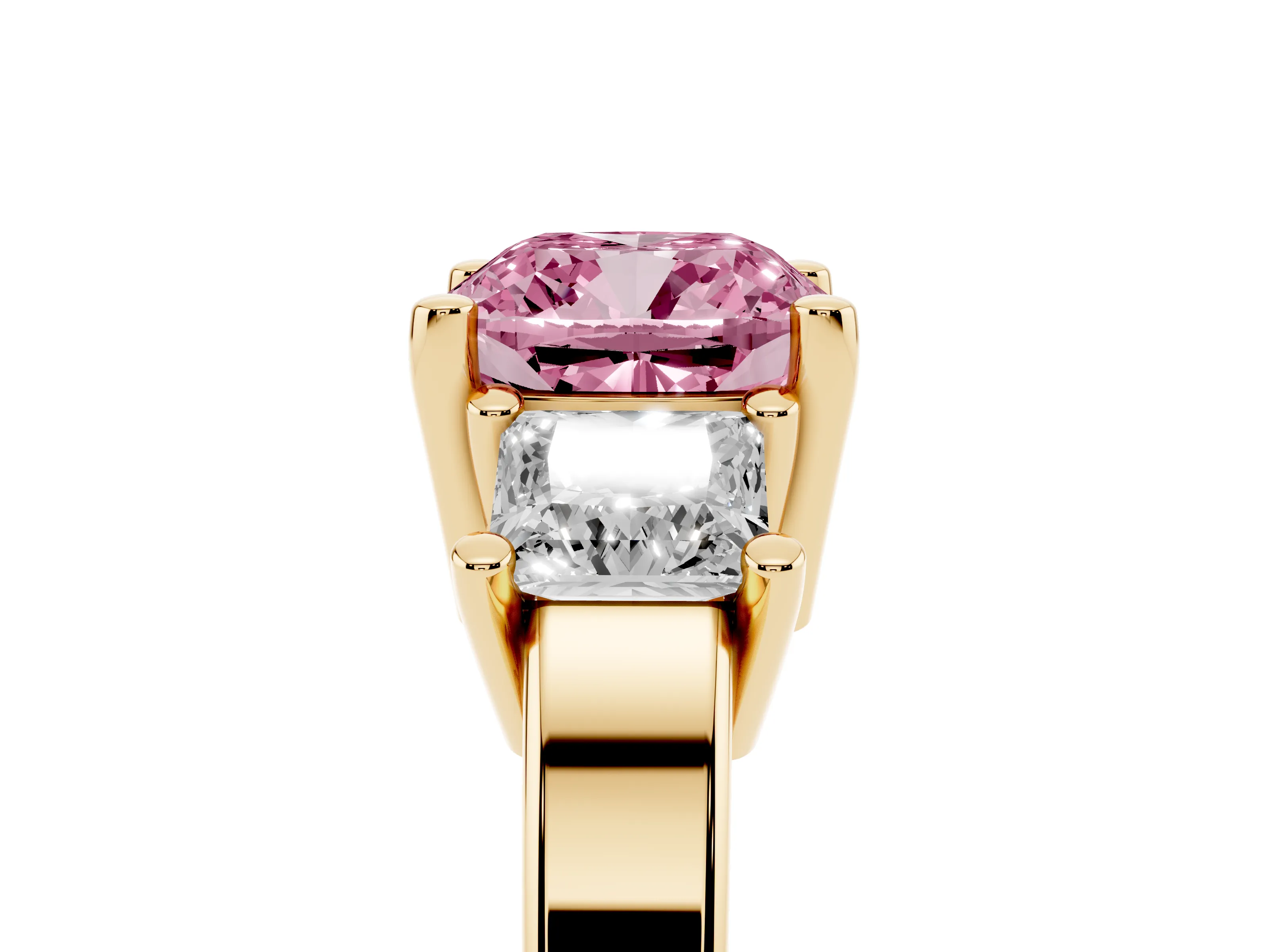 Fancy Pink Three-Stone Cushion Cut Diamond Solitaire Ring Set in Yellow gold with Prong Setting