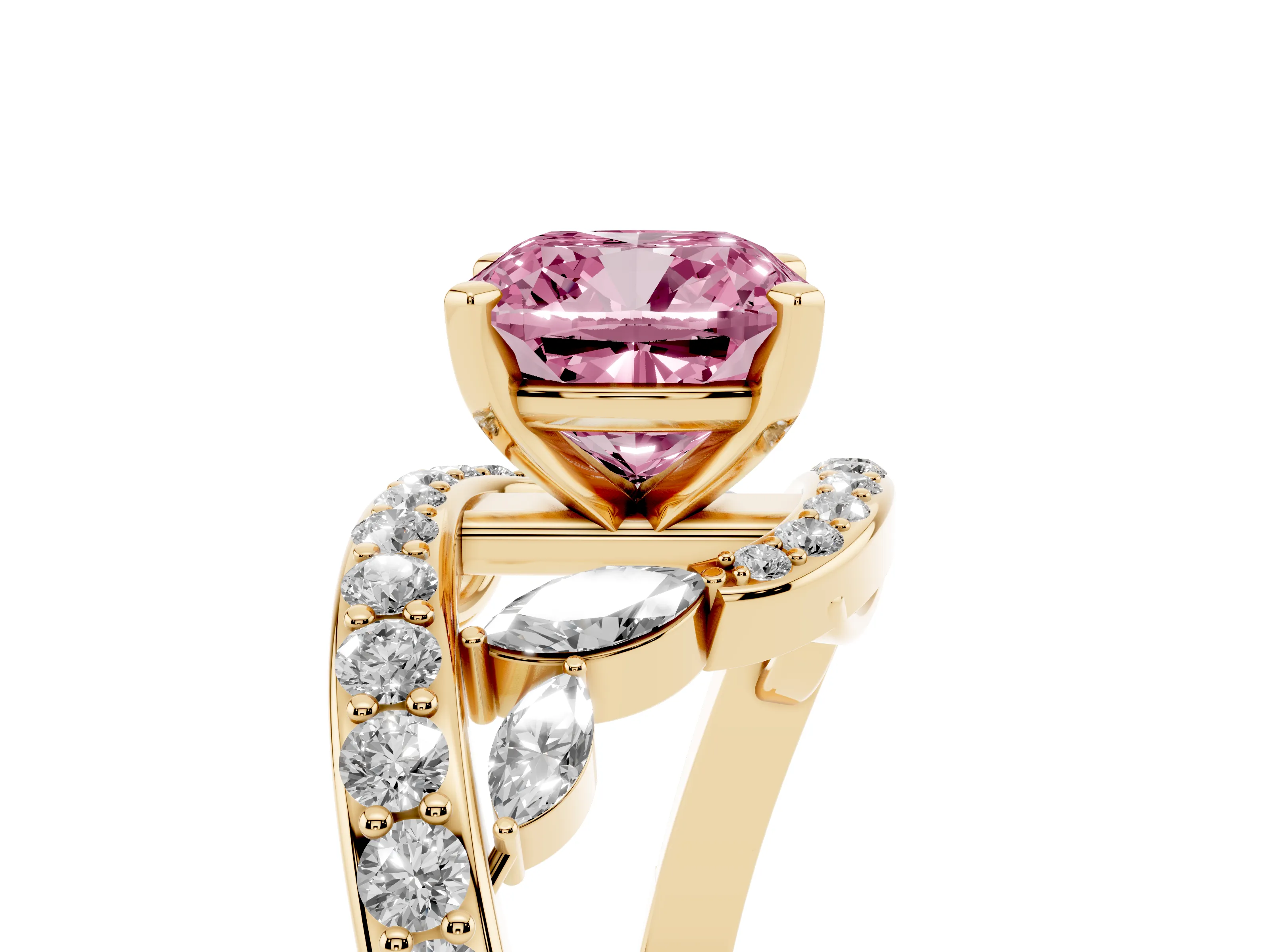 Fancy Pink Cushion Cut Diamond Solitaire Ring Set in Yellow gold with Filigree Band and Prong Setting