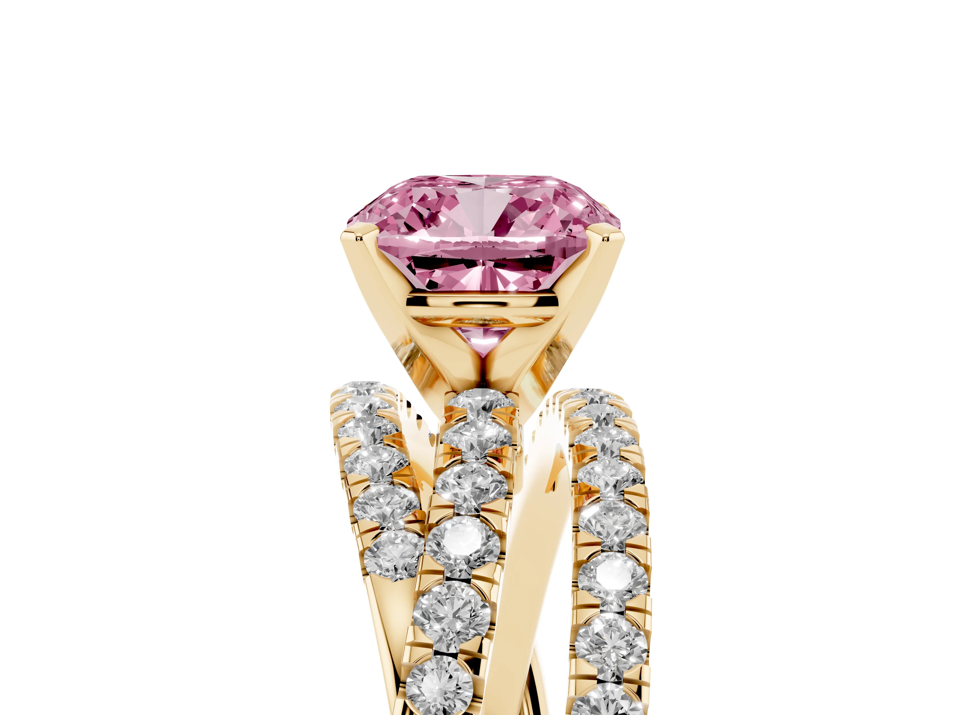 Fancy Pink Cushion Cut Diamond Solitaire Twist Band Ring Set in Yellow gold with Pavé Setting and Prong Head