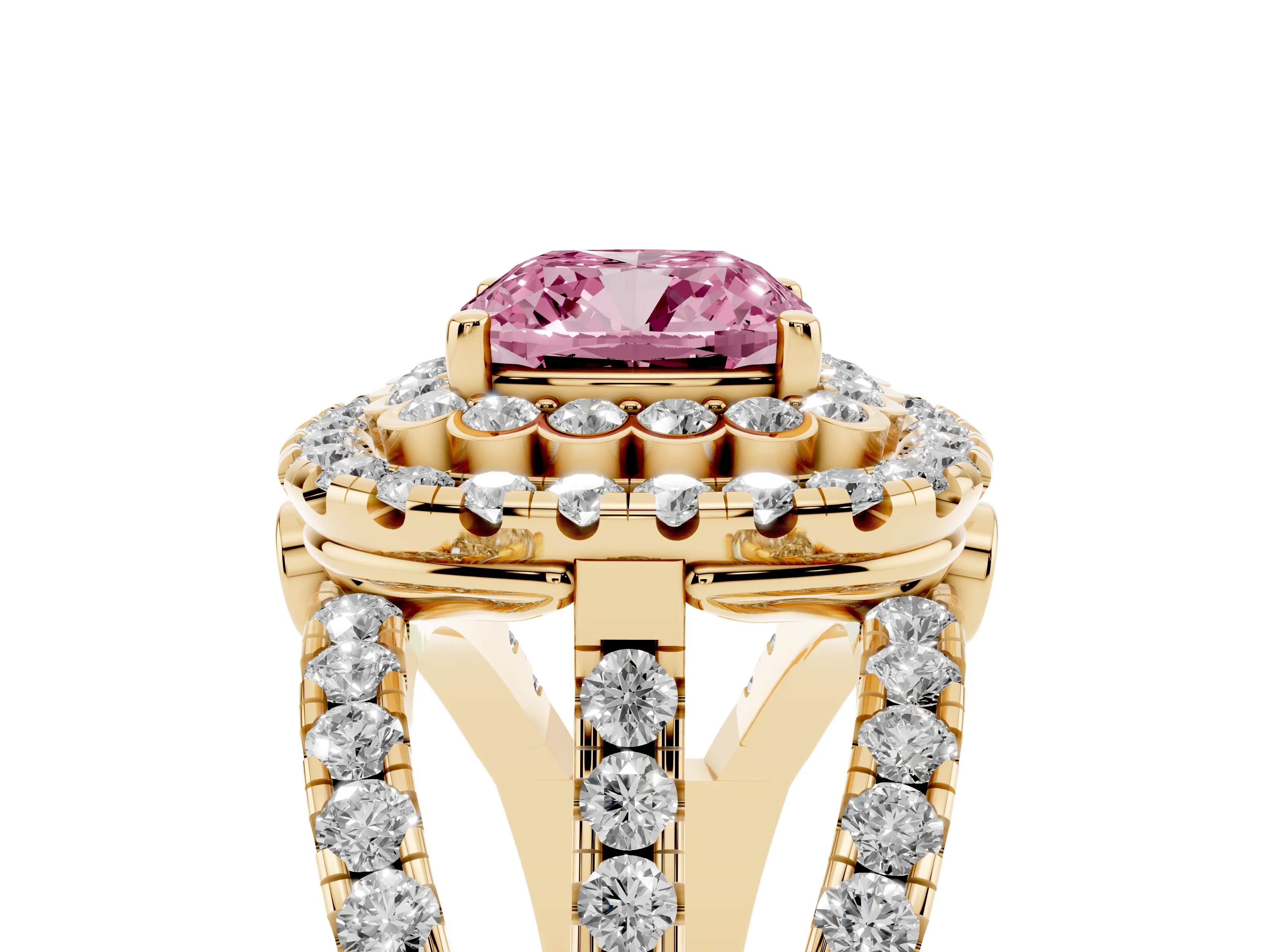 Fancy Pink Cushion Cut Diamond Double Halo Ring Set in Yellow gold with Round Pavé Split Shank