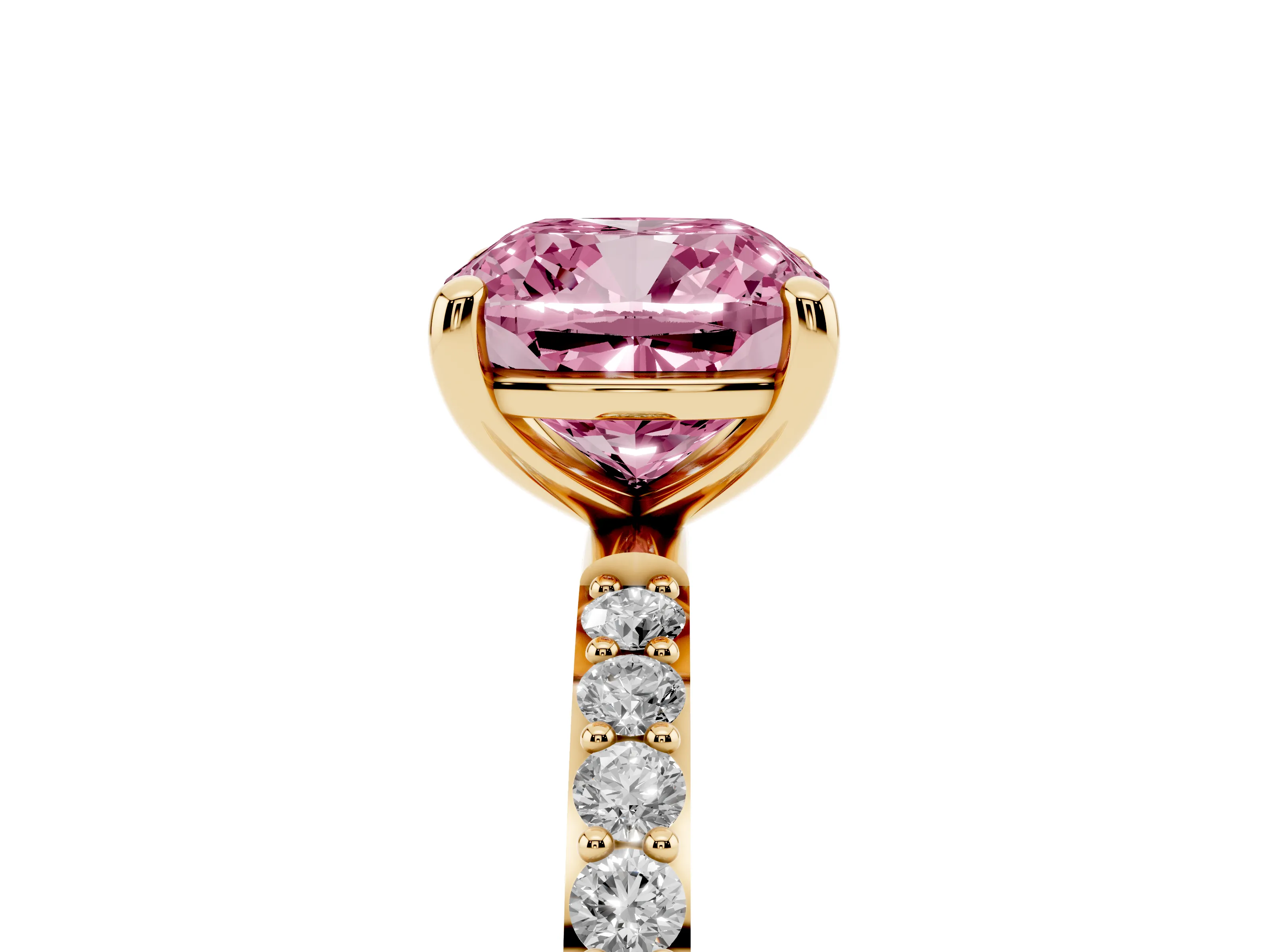 Fancy Pink Cushion Cut Diamond Solitaire Ring Set in Yellow gold with Round Pavé Band and Prong Setting