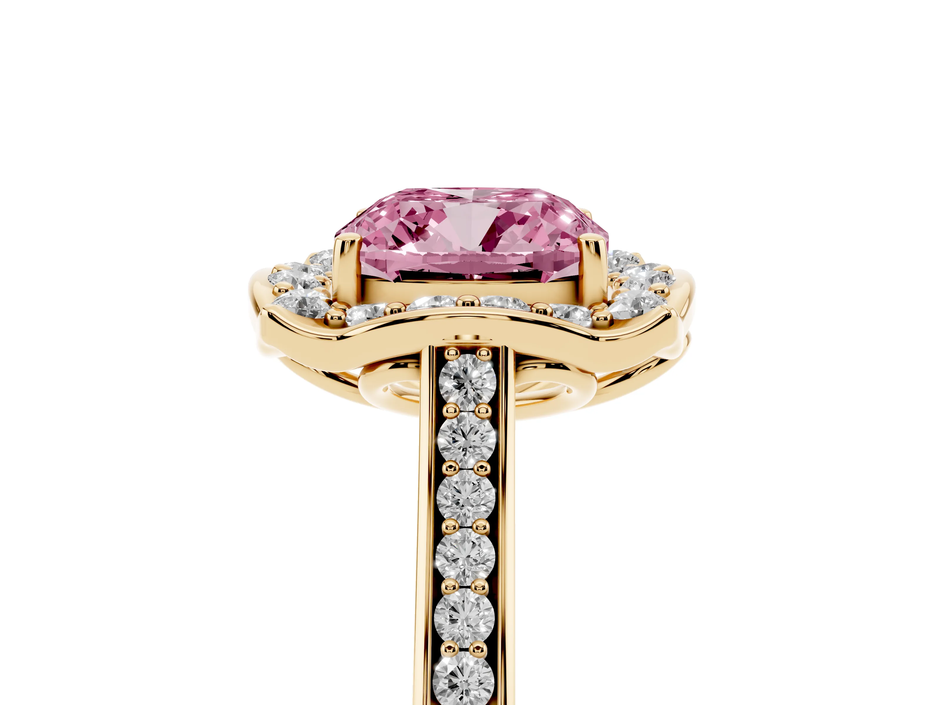 Fancy Pink Cushion Cut Diamond Halo Ring Set in Yellow gold with Pavé-Lined Shoulders and Prong Setting
