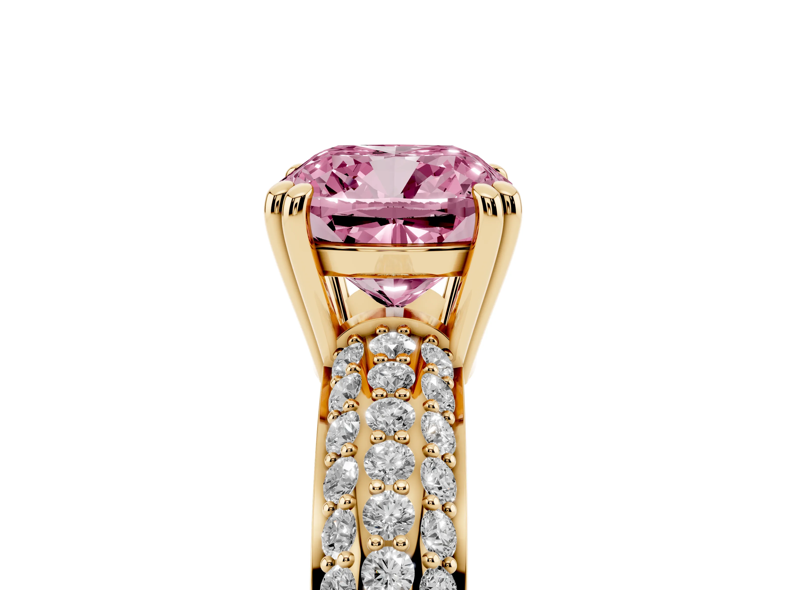Fancy Pink Cushion Cut Diamond Solitaire Ring Set in Yellow gold with Multi-Row Round Pavé Band and Prong Setting