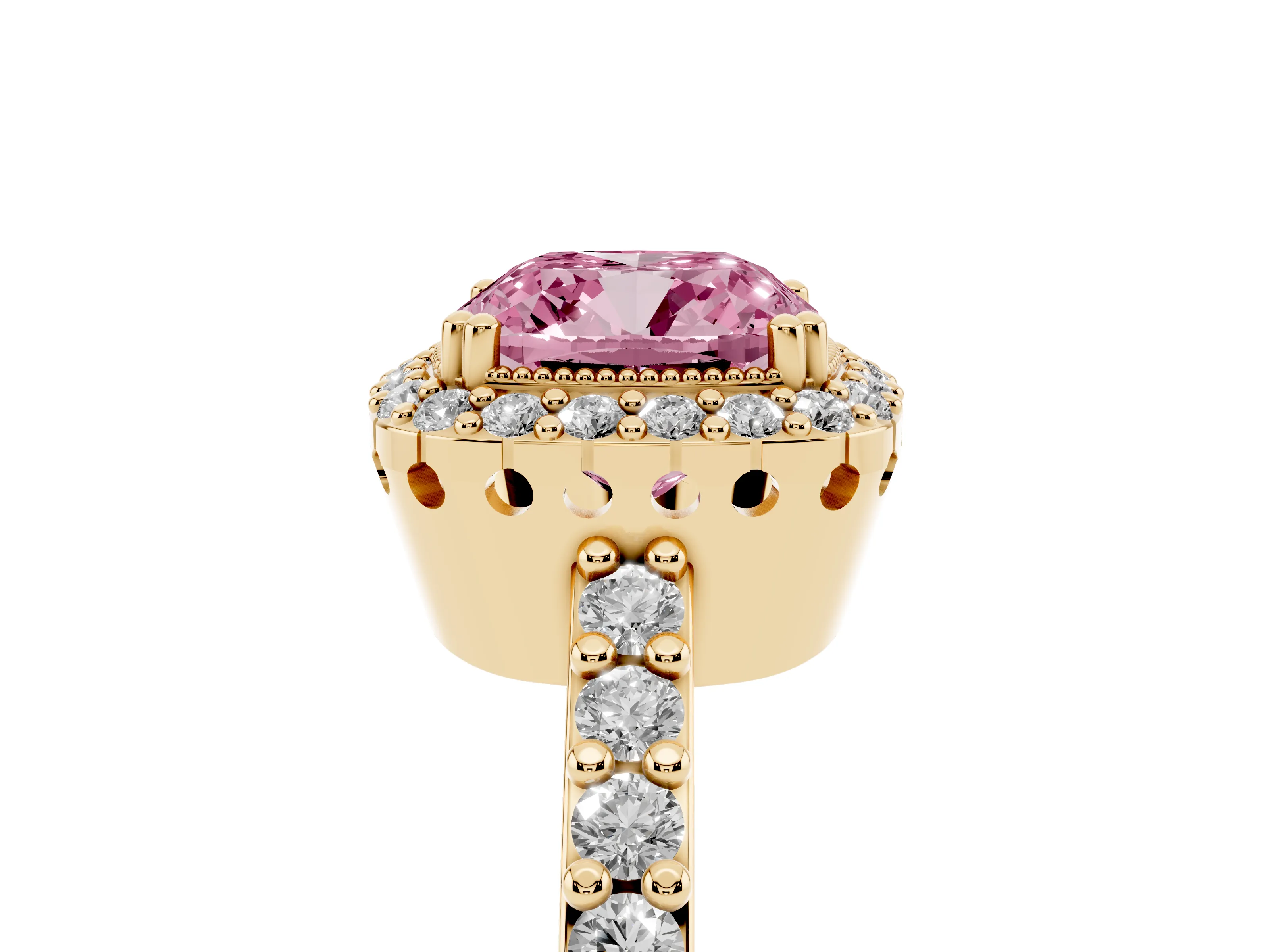 Fancy Pink Cushion Cut Diamond Halo Engagement Ring Set in Yellow gold with Milgrain Detail and Pavé Band