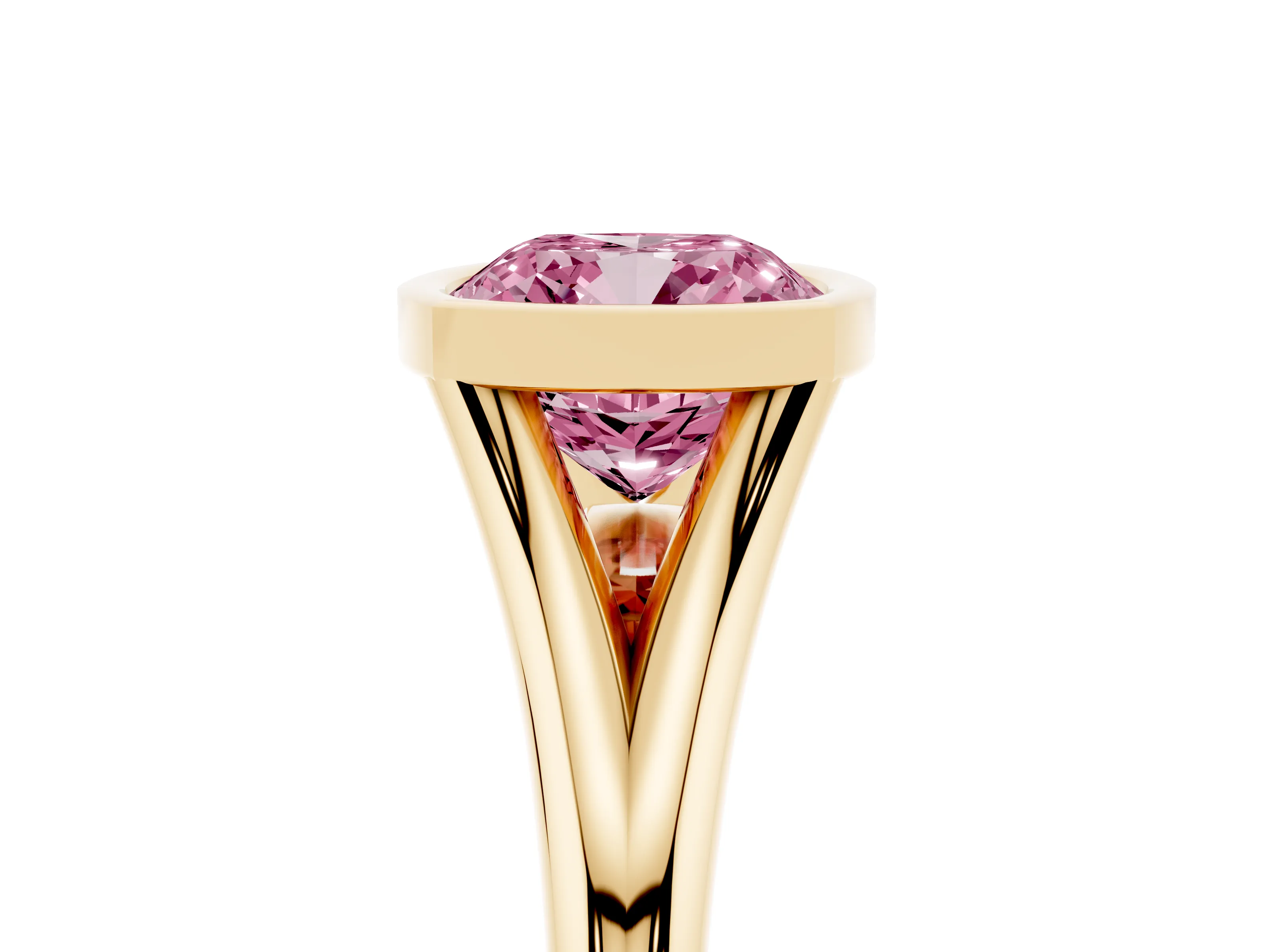 Fancy Pink Bezel Set Cushion Cut Diamond Solitaire Ring Set in Yellow gold with Tapered Band