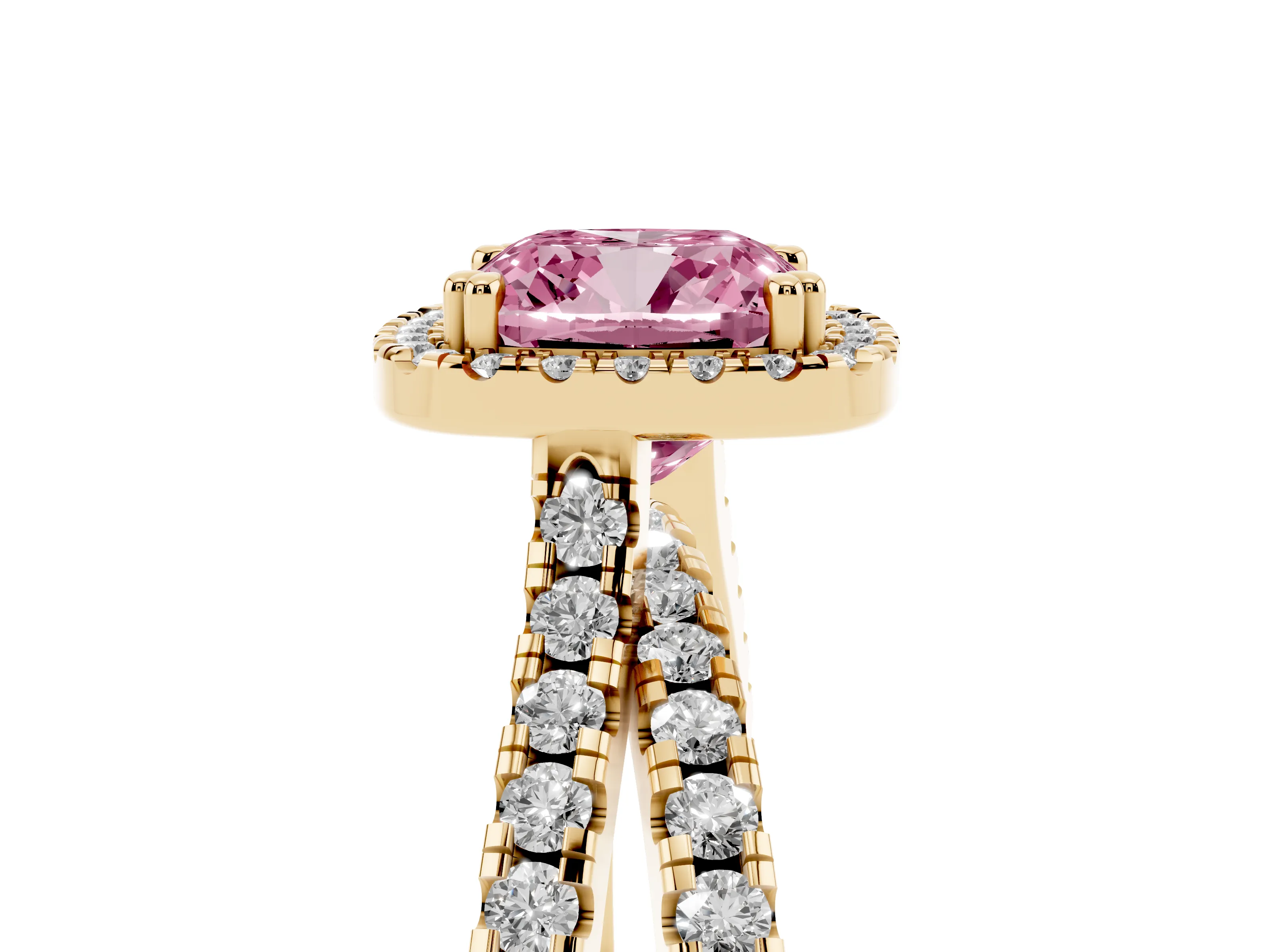 Fancy Pink Cushion Cut Diamond Halo Split Shank Ring Set in Yellow gold with Pavé Setting
