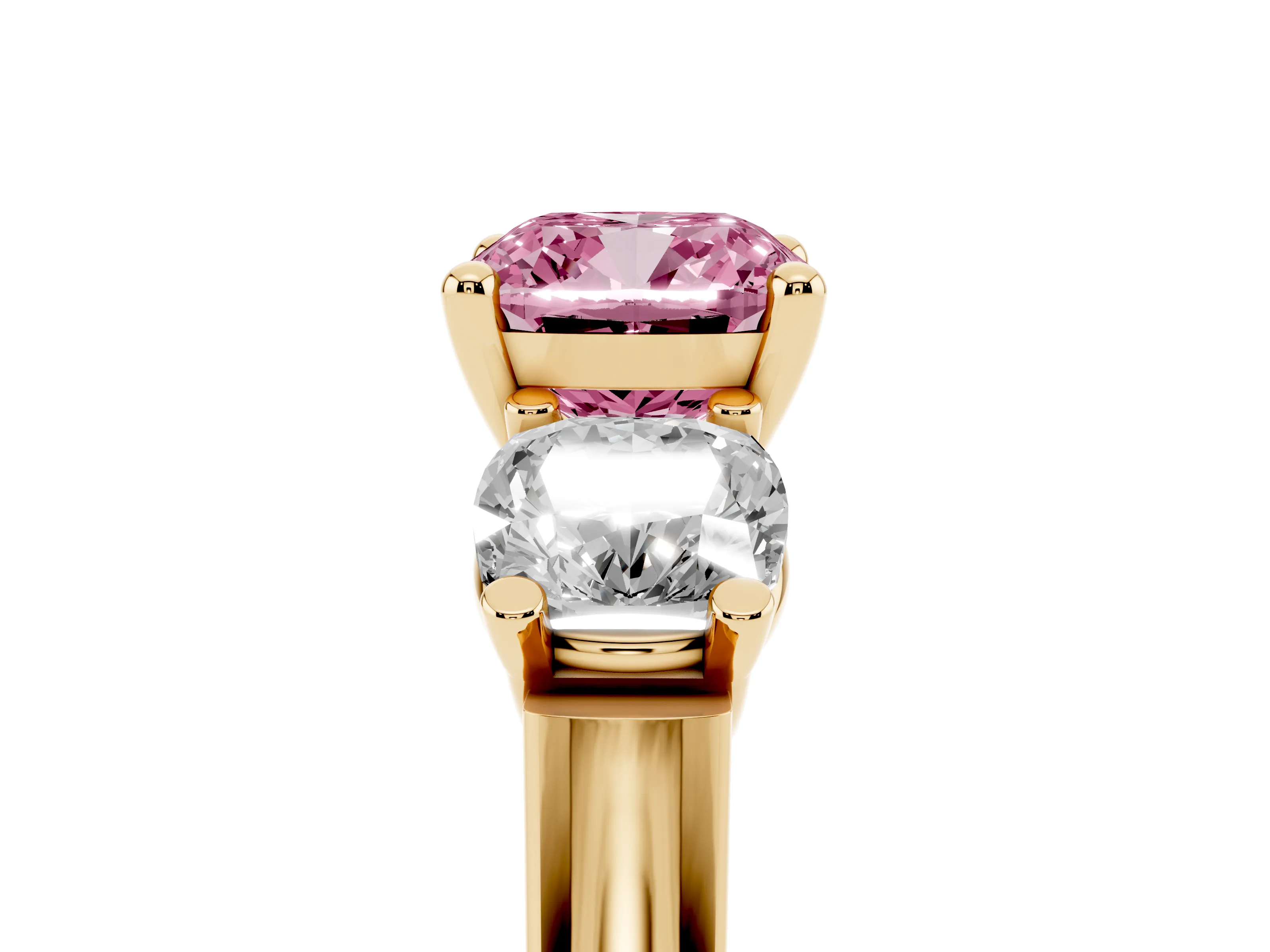 Fancy Pink Cushion Cut Diamond Three-Stone Trellis Ring Set in Yellow gold with Comfort Fit Band
