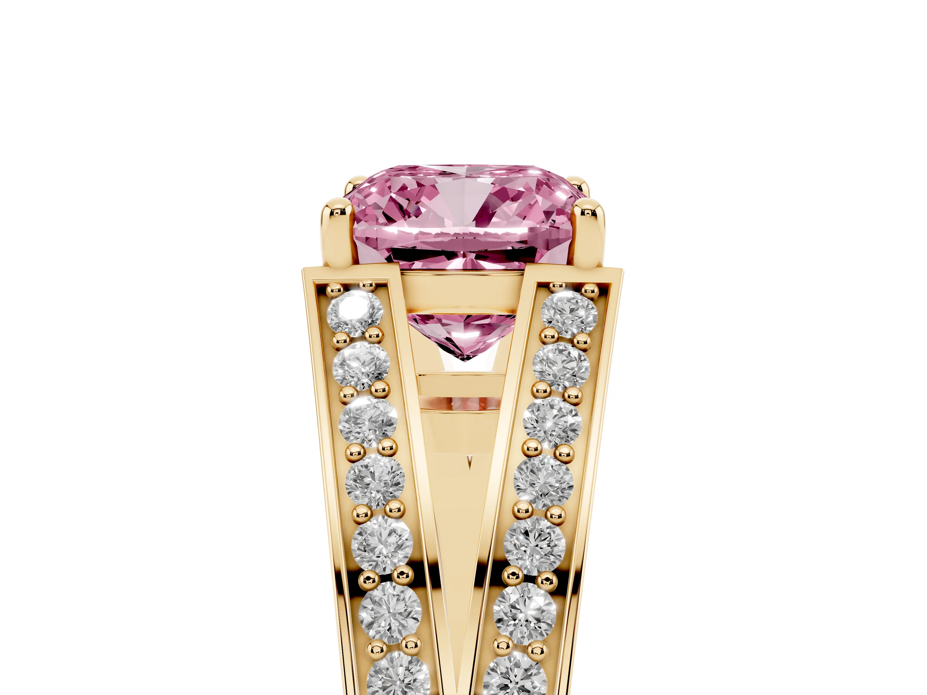 Fancy Pink Cushion Cut Diamond Split Shank Ring Set in Yellow gold with Pavé Band and Prong Setting