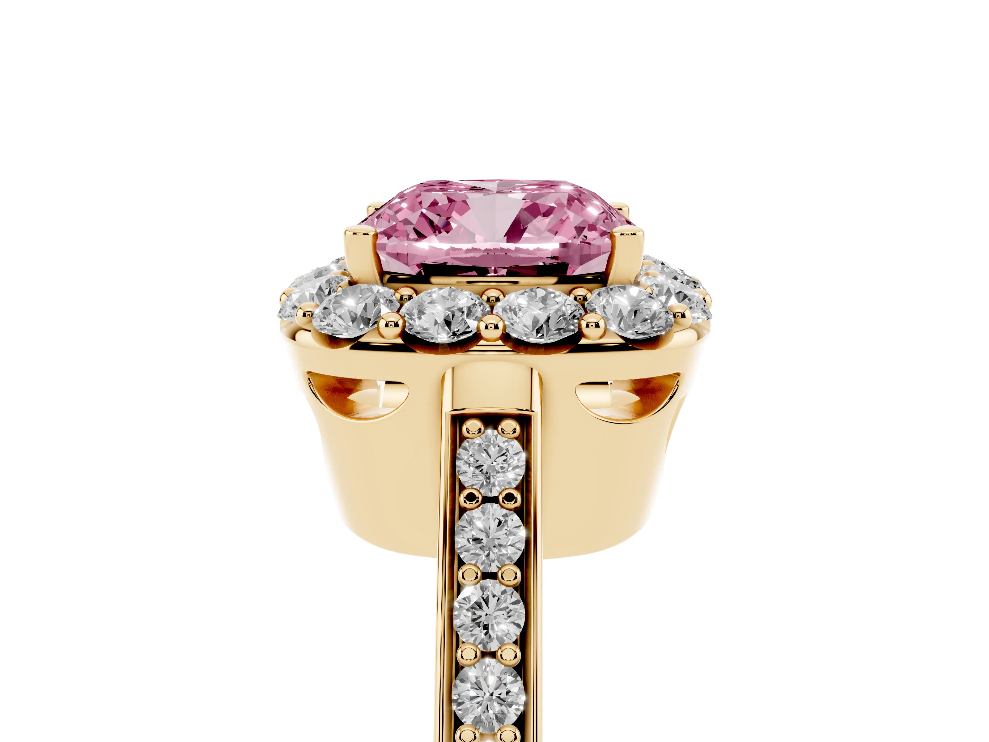 Fancy Pink Cushion Cut Diamond Floral Halo Ring Set in Yellow gold with Pavé Band and Prong Setting