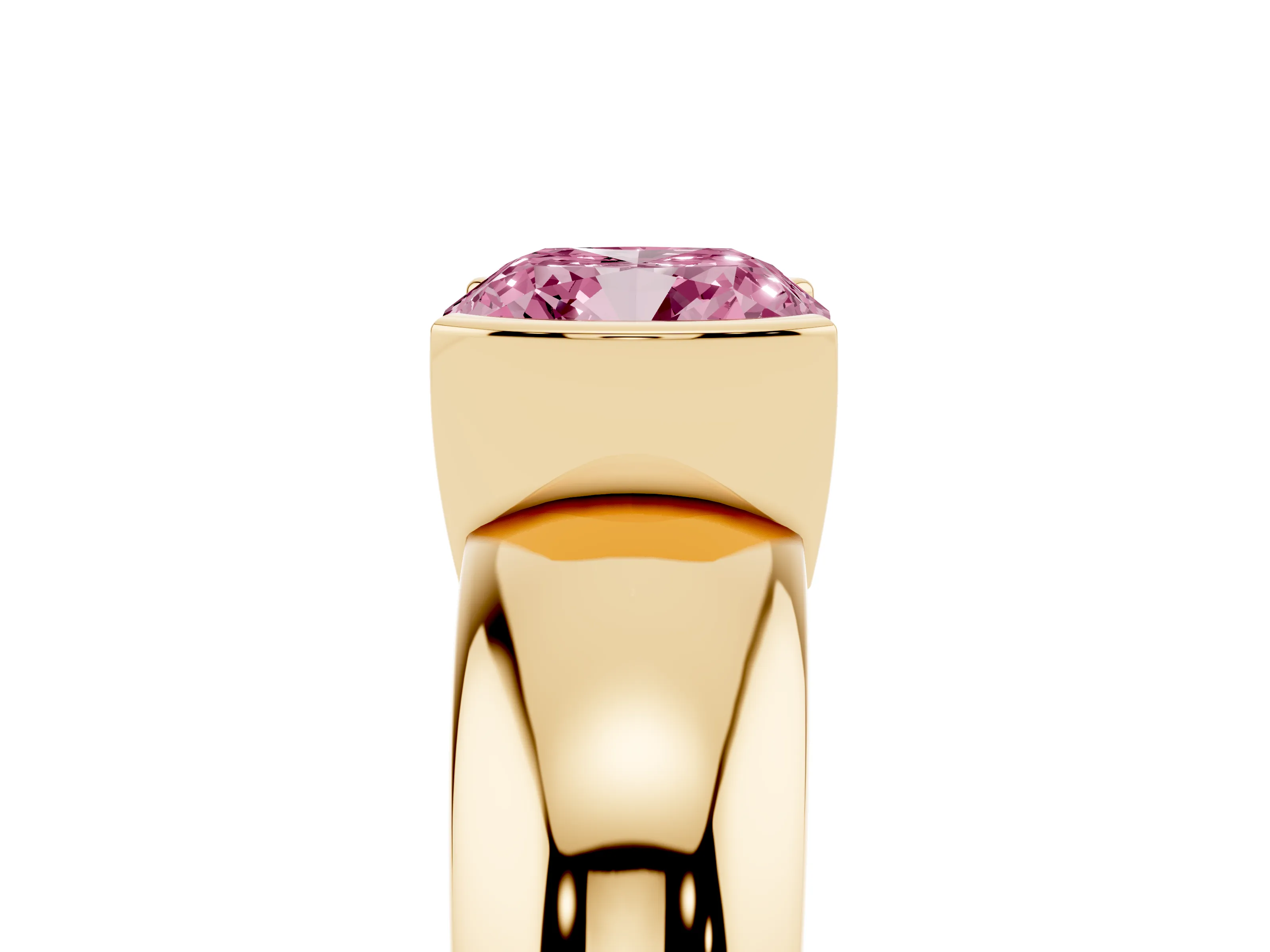 Fancy Pink Cushion Cut Diamond Solitaire Tension Set Ring Set in Yellow gold with Wide Band