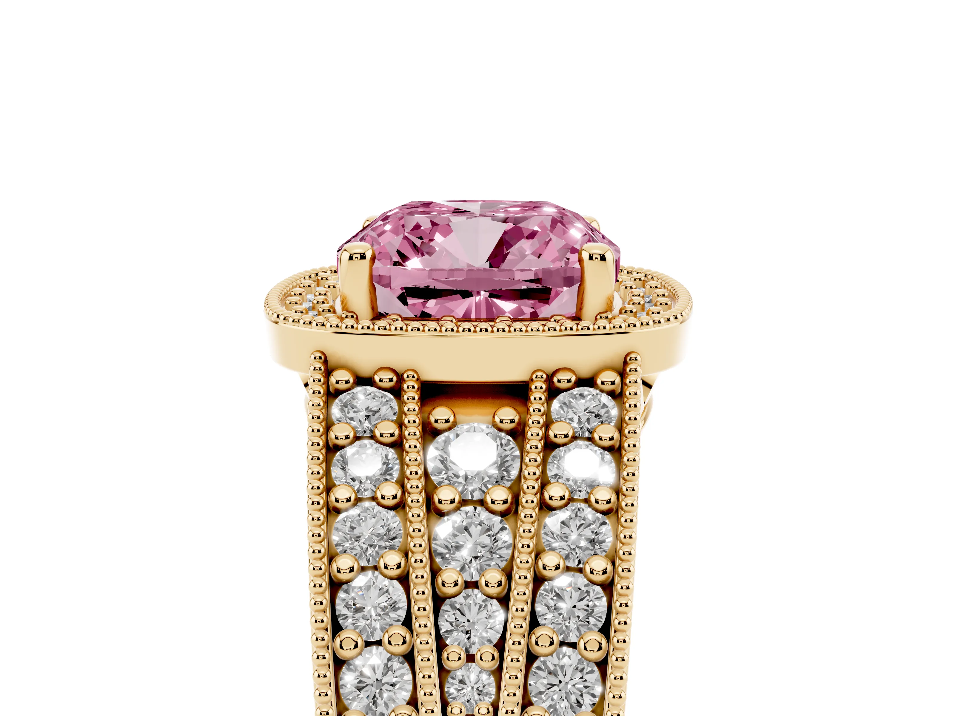 Fancy Pink Cushion Cut Diamond Halo Ring Set in Yellow gold with Accent Split Shank and Prong Setting