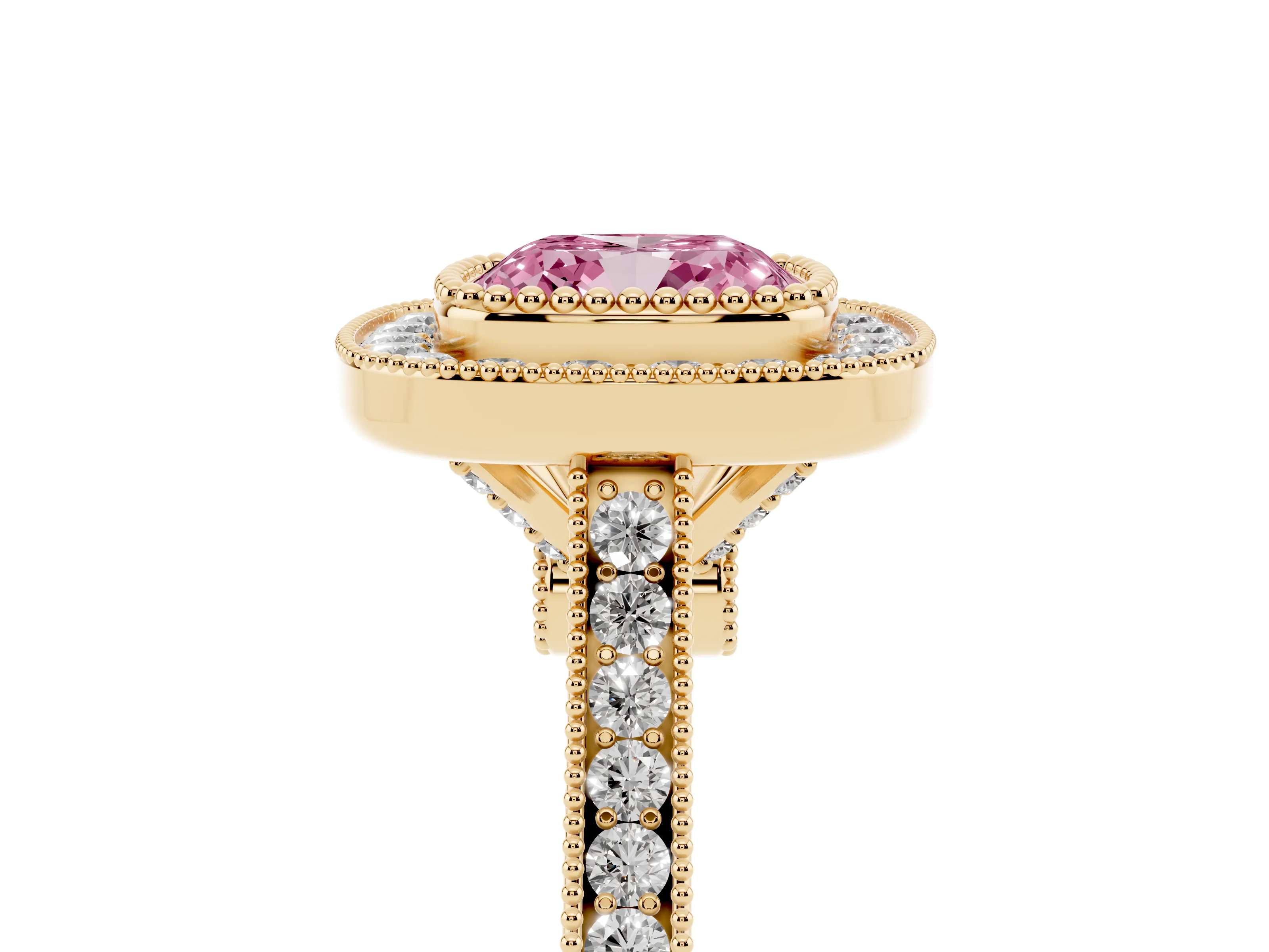Fancy Pink Cushion Cut Diamond Halo Ring Set in Yellow gold with Milgrain Frame and Pavé Band