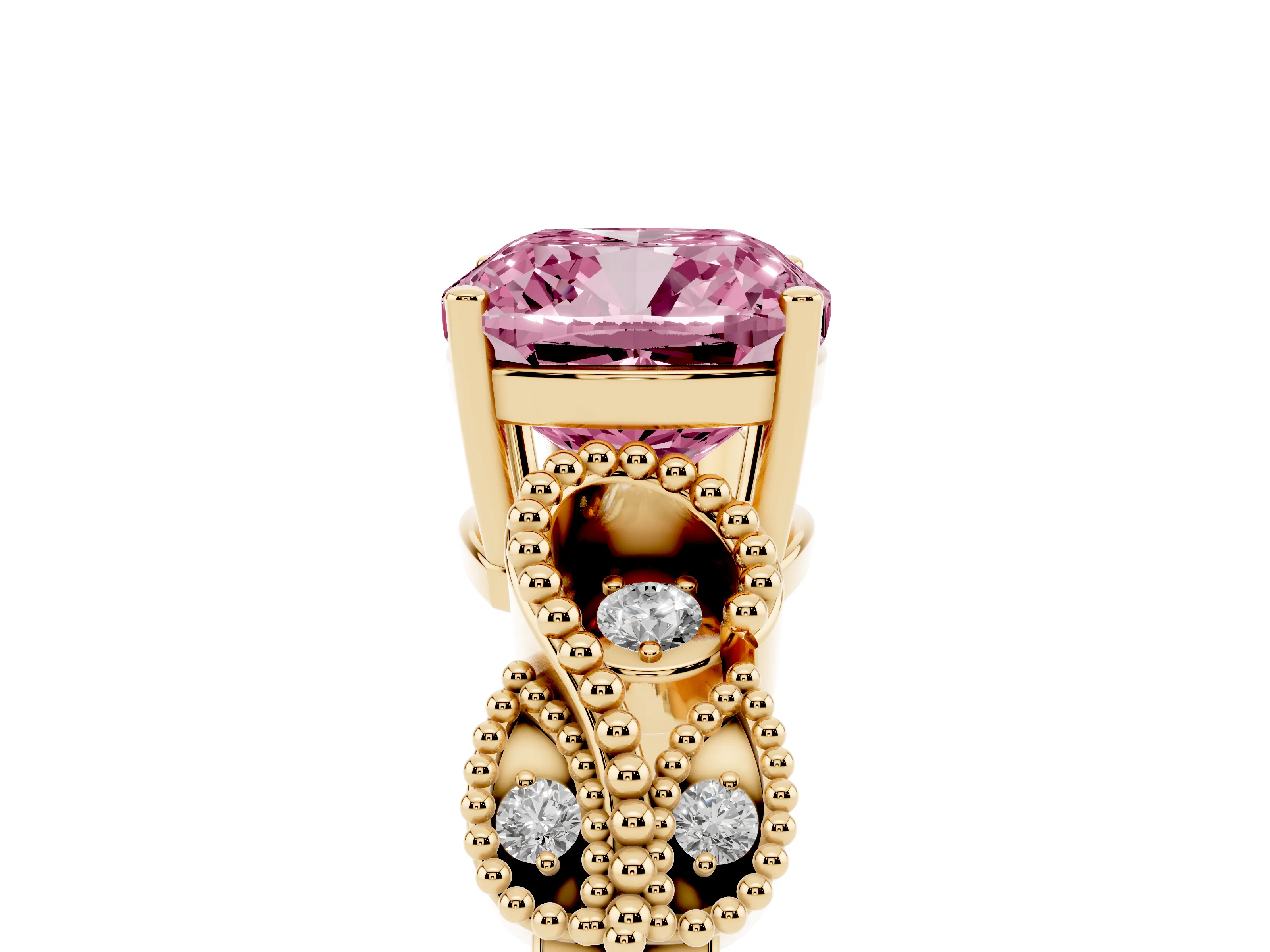 Fancy Pink Cushion Cut Diamond Milgrain Leaf Band Solitaire Ring Set in Yellow gold with Accent Stones and Prong Setting