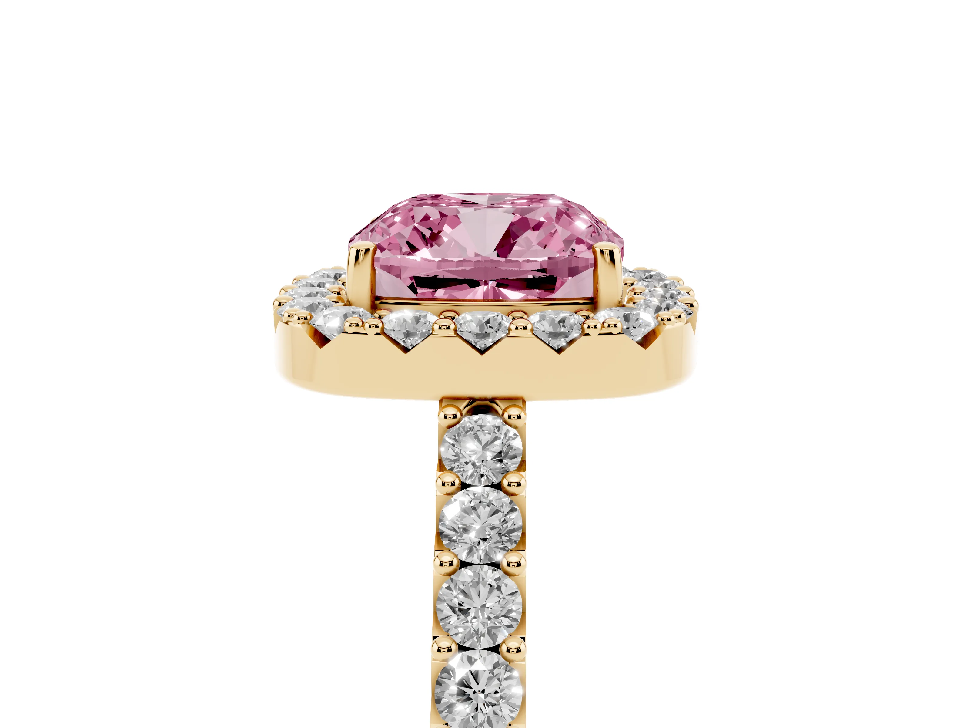 Fancy Pink Cushion Cut Diamond Halo Pavé Solitaire Ring Set in Yellow gold with Prong-Set Center Stone