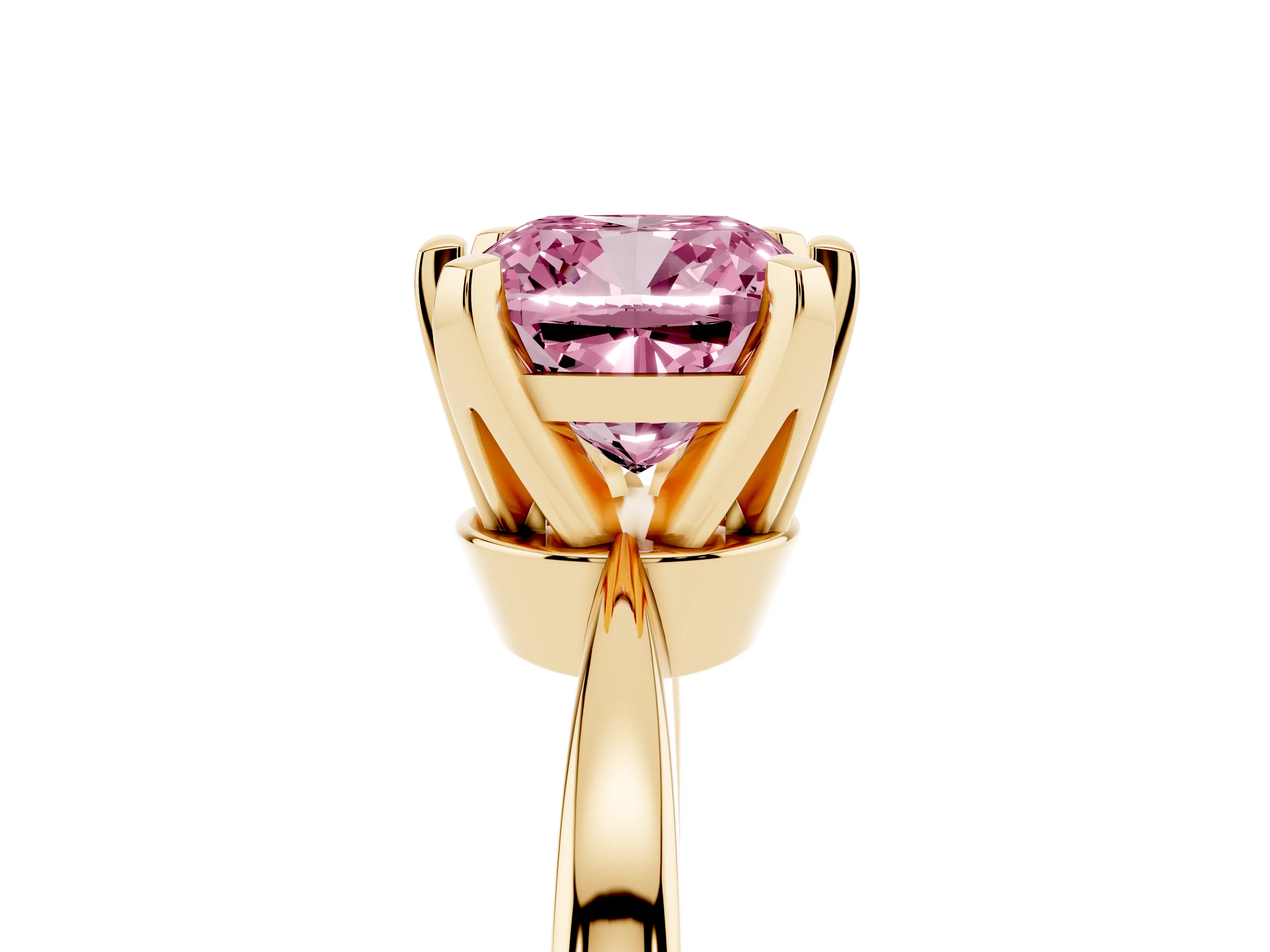 Fancy Pink Cushion Cut Diamond Solitaire Engagement Ring Set in Yellow gold with Slim Tapered Solitaire Band
