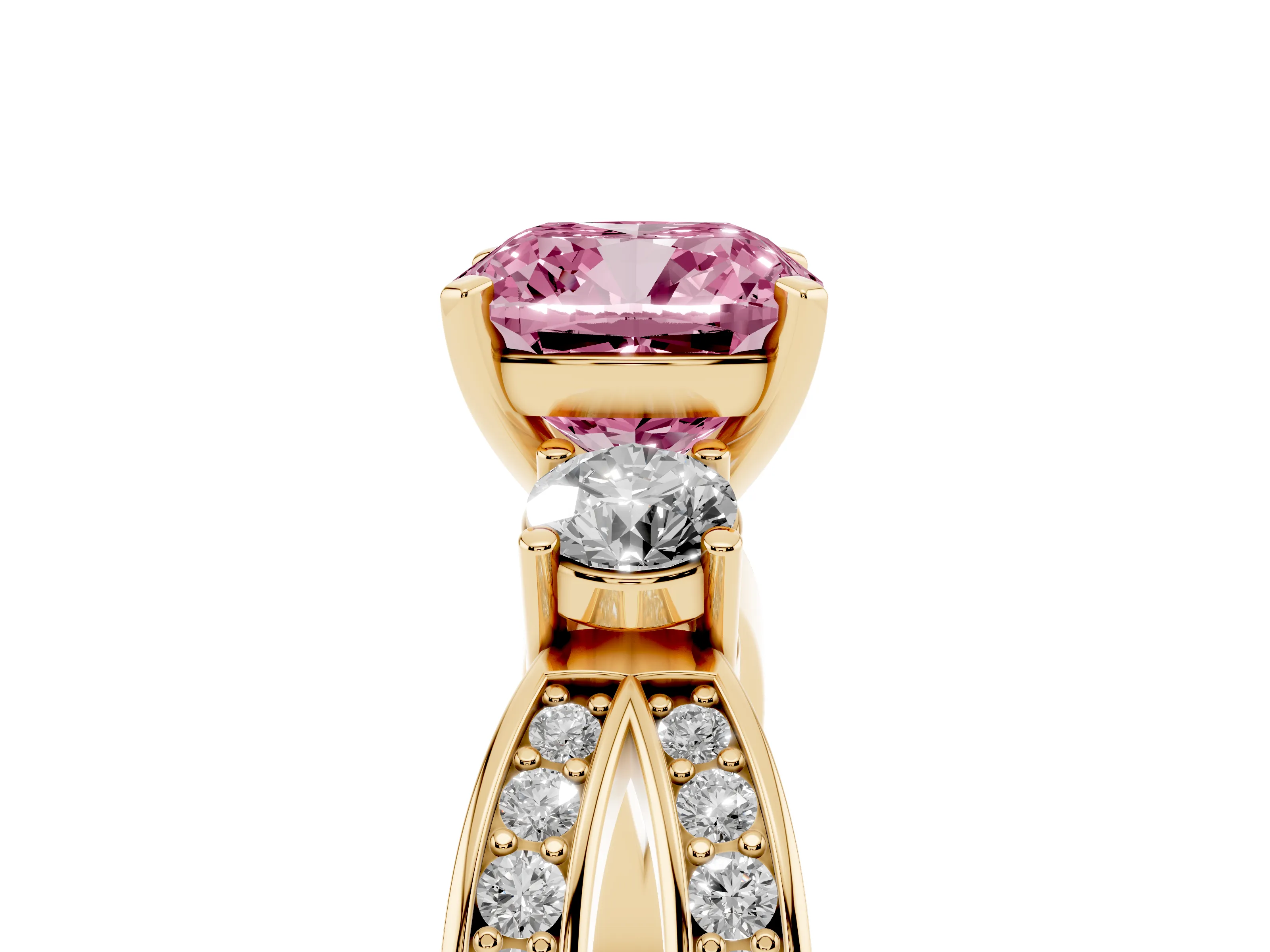 Fancy Pink Three-Stone Cushion Cut Diamond Twist Band Ring Set in Yellow gold with Pavé Accents and Prong Setting