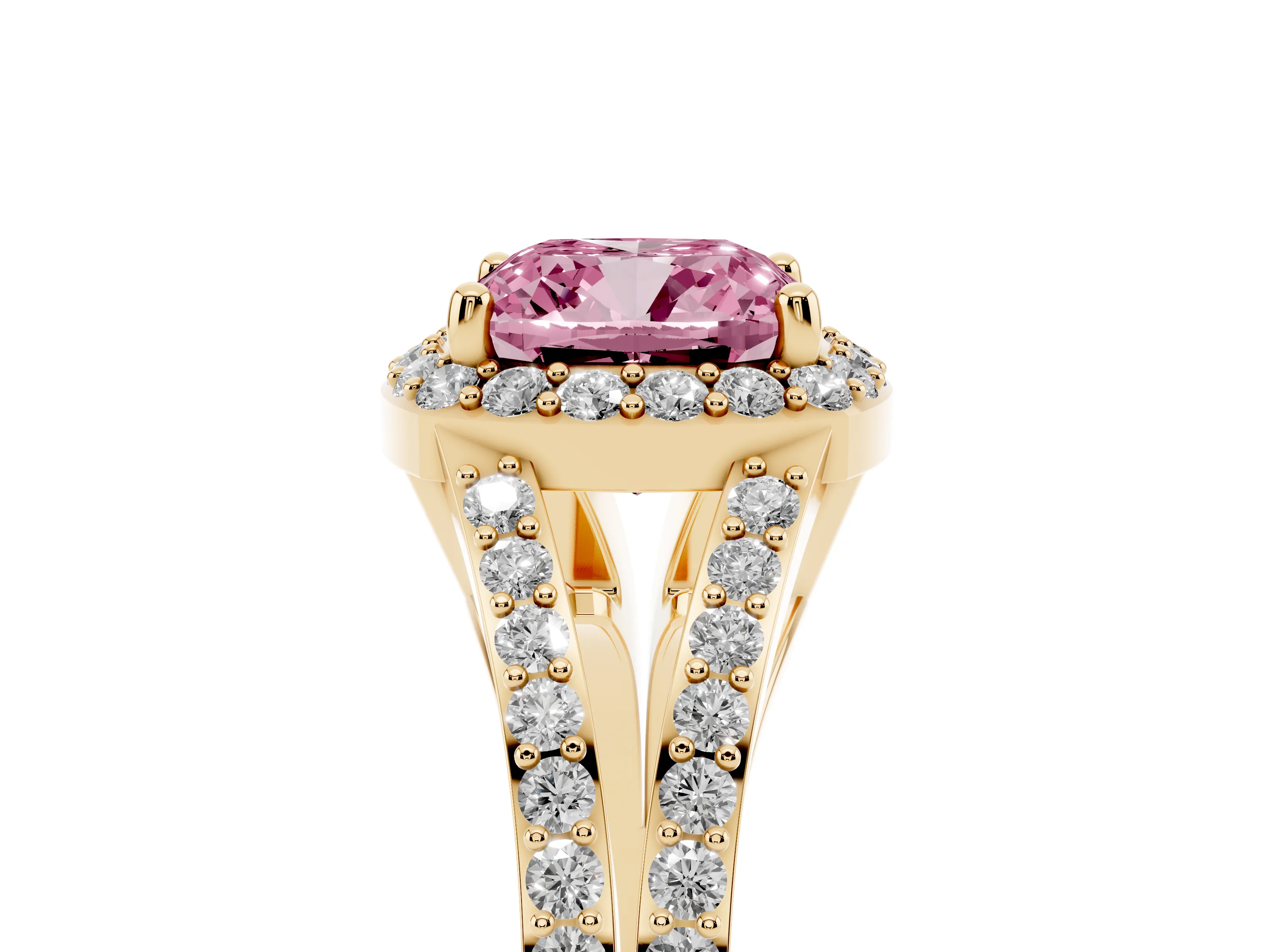 Fancy Pink Cushion Cut Diamond Halo Split Shank Ring Set in Yellow gold with Accent Stones and Prong Setting