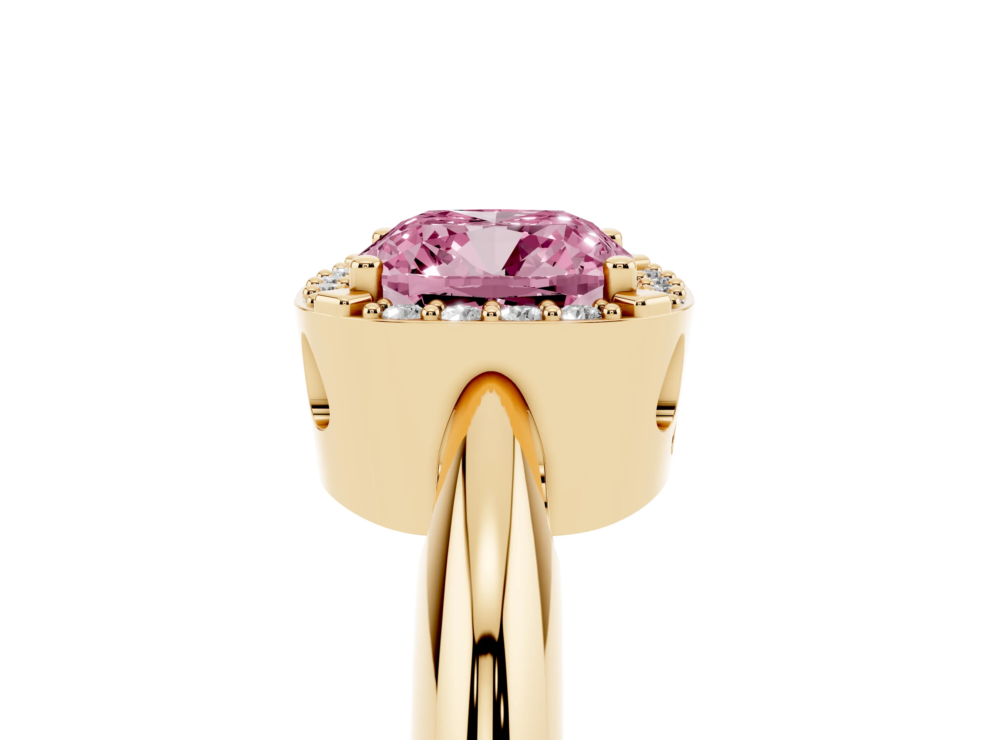 Fancy Pink Cushion Cut Diamond Halo Engagement Ring Set in Yellow gold with Plain Split Shank and Prong Setting