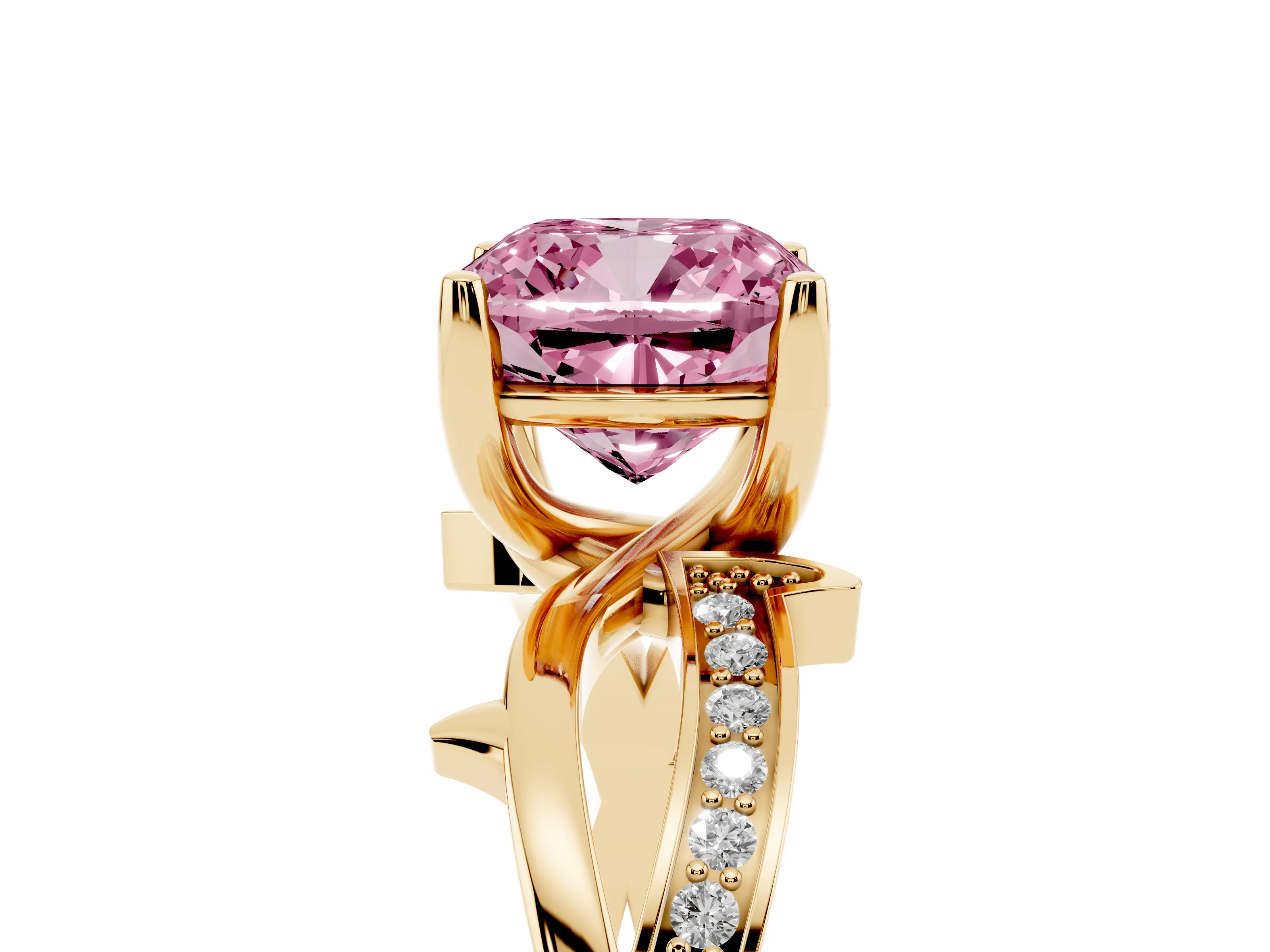 Fancy Pink Cushion Cut Diamond Pavé Twist Band Solitaire Ring Set in Yellow gold with Prong Setting