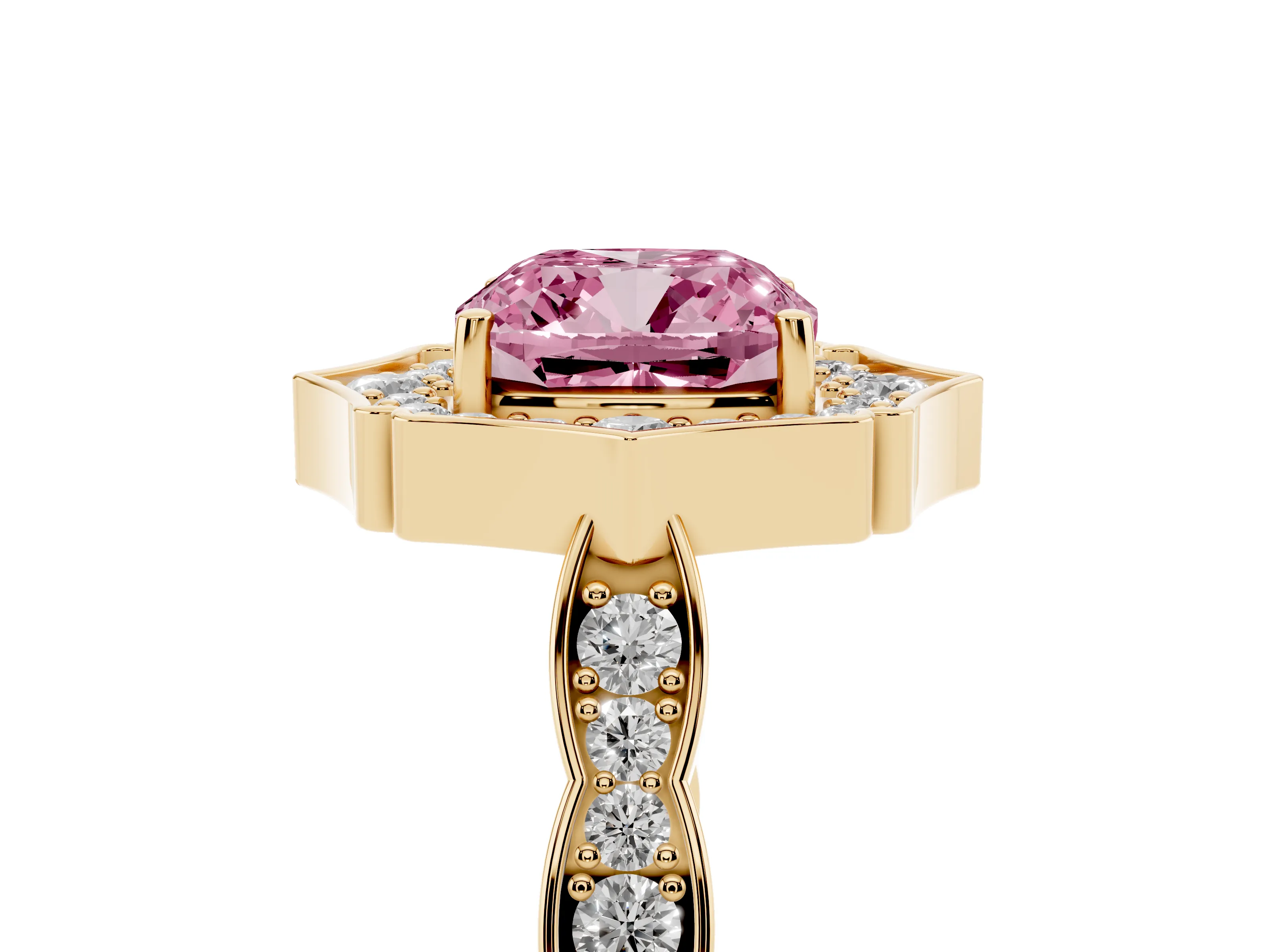 Fancy Pink Cushion Cut Diamond Halo Engagement Ring Set in Yellow gold with Milgrain Band and Prong Setting