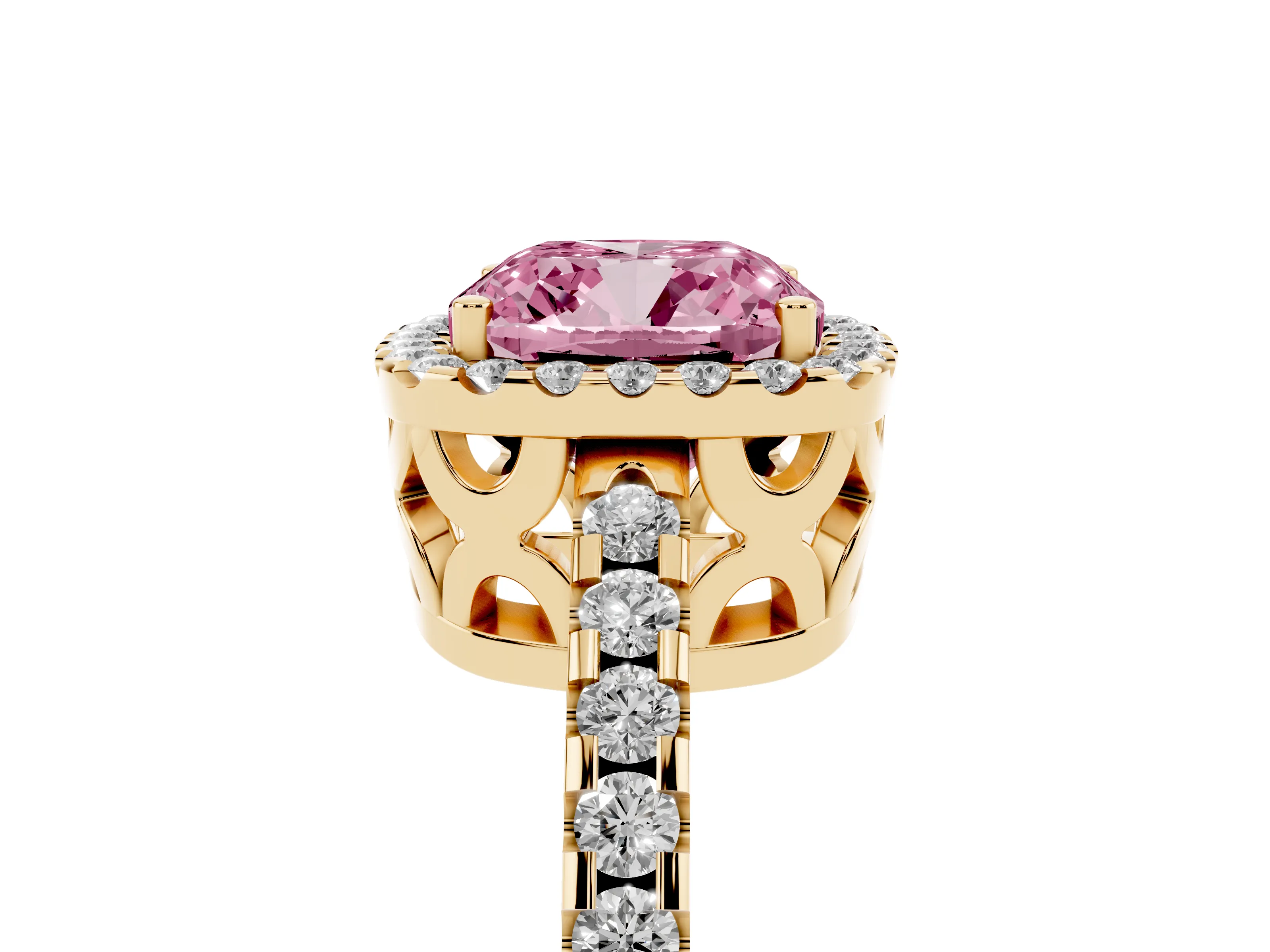 Fancy Pink Cushion Cut Diamond Halo Ring Set in Yellow gold with Pavé Shoulders and Halo-Framed Center