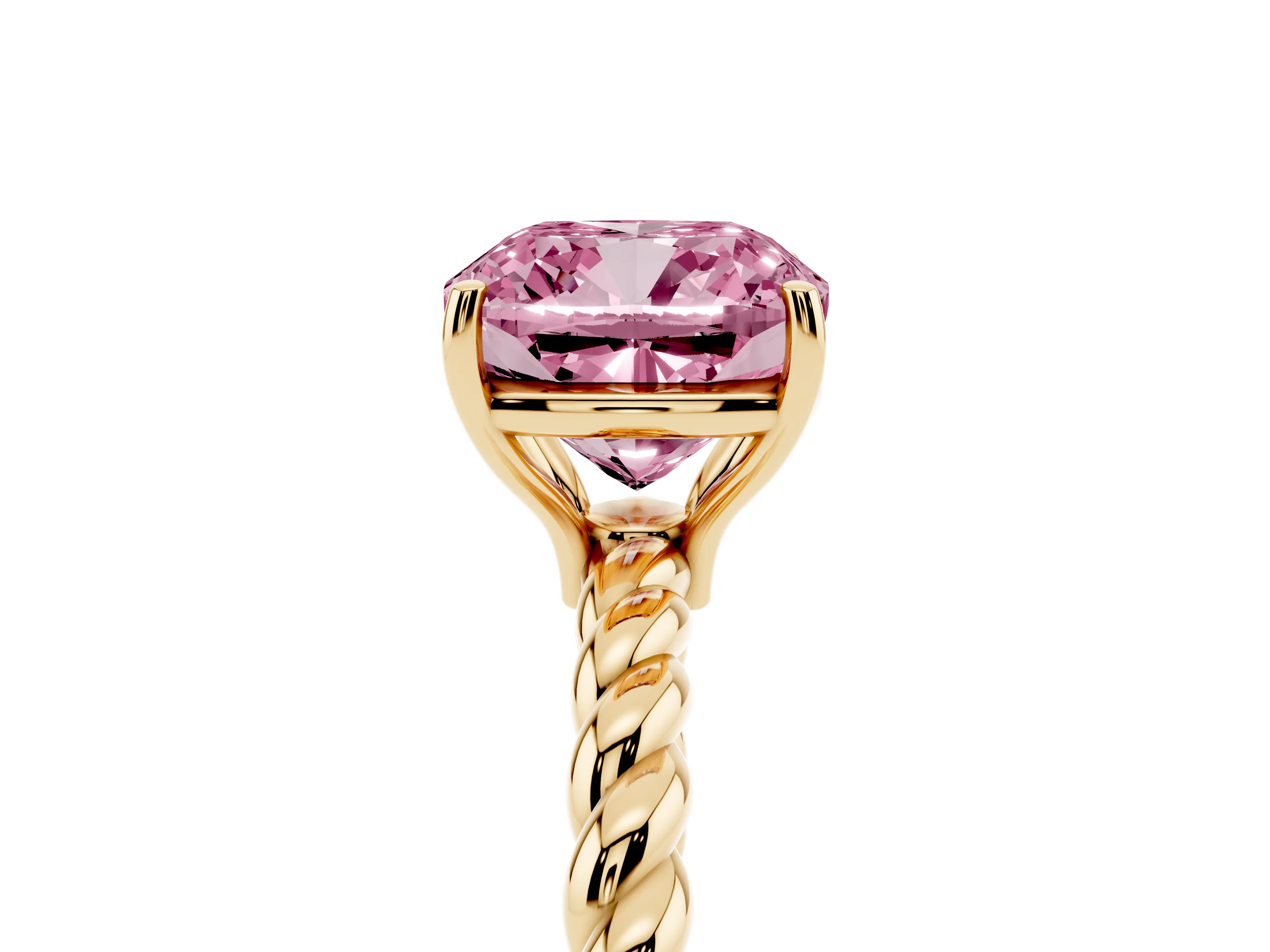 Fancy Pink Cushion Cut Diamond Solitaire Ring Set in Yellow gold with Twist Band and Prong Setting