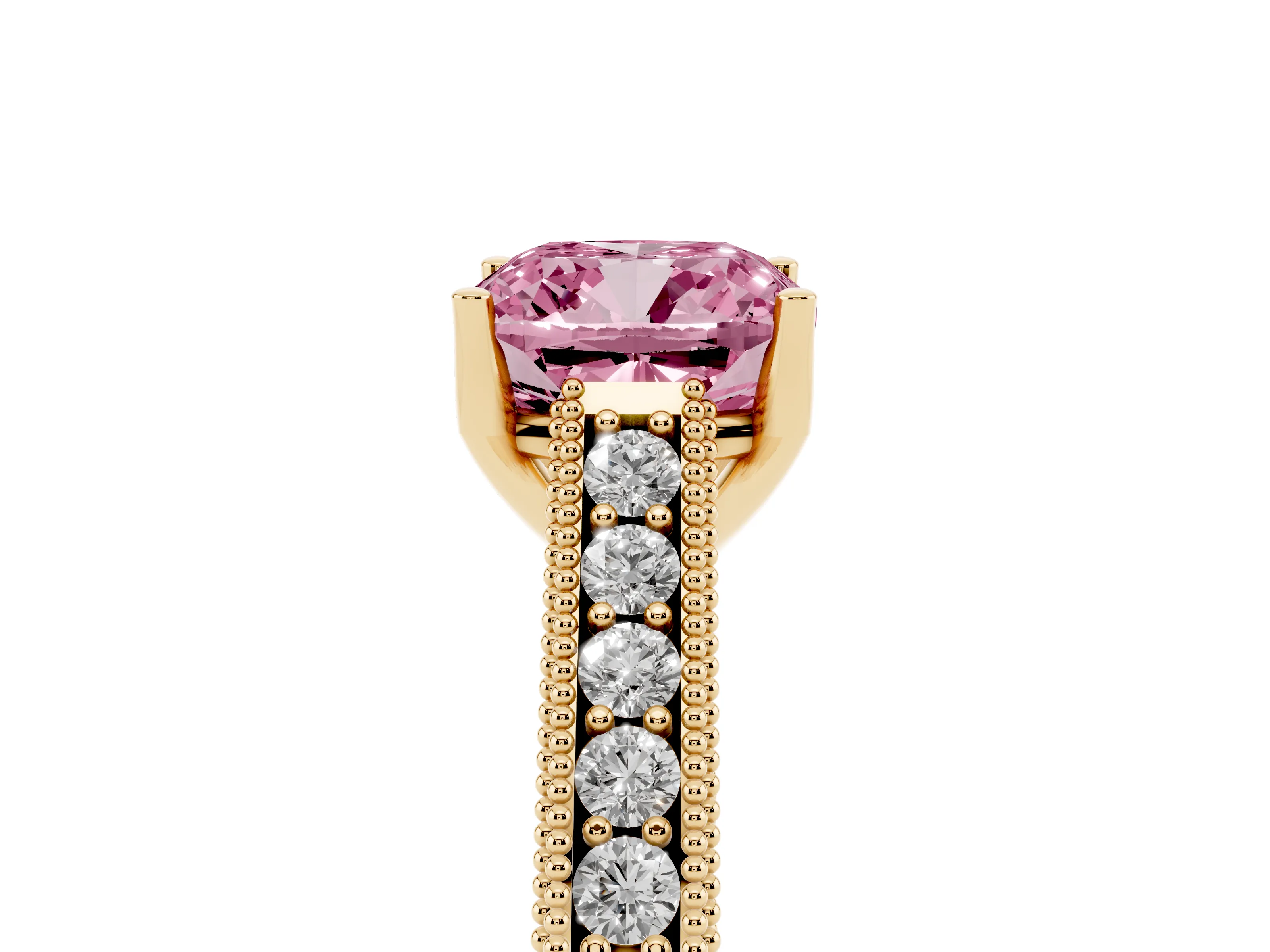 Fancy Pink Cushion Cut Diamond Milgrain Pavé Band Solitaire Ring Set in Yellow gold with Prong Setting