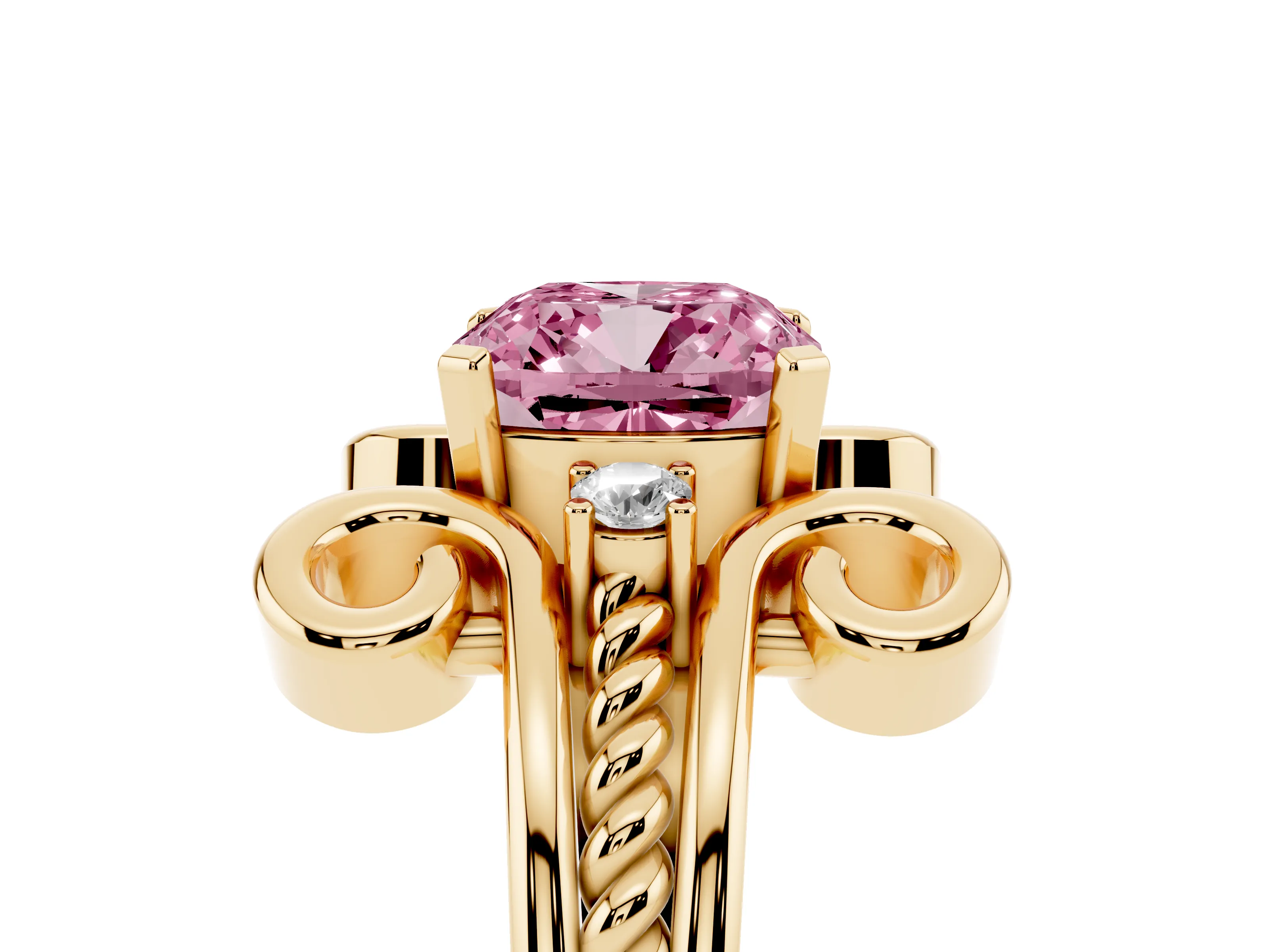 Fancy Pink Cushion Cut Diamond Twisted Band Solitaire Ring Set in Yellow gold with Scroll Prongs