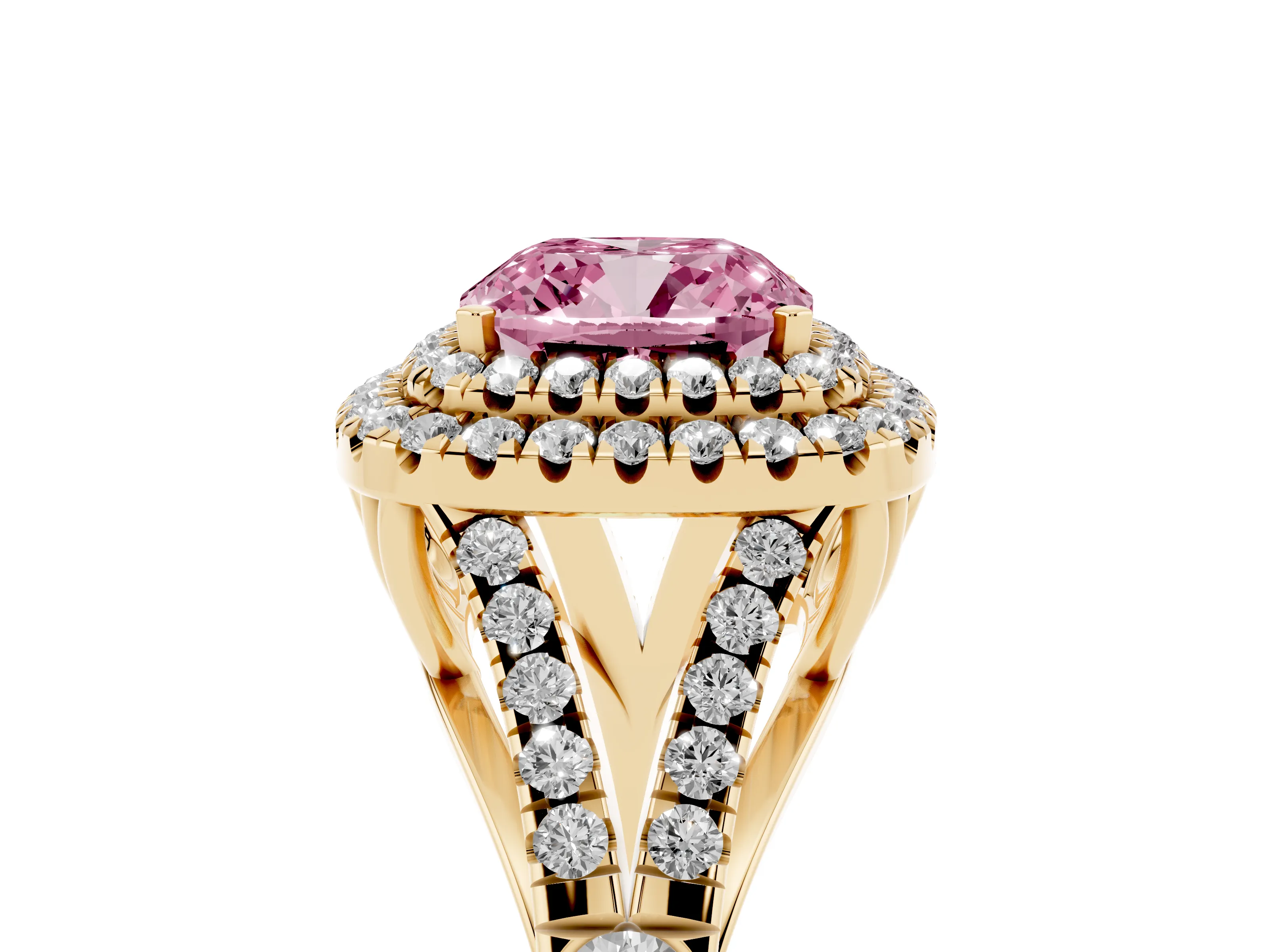 Fancy Pink Cushion Cut Diamond Pavé Split Shank Double Halo Engagement Ring Set in Yellow gold