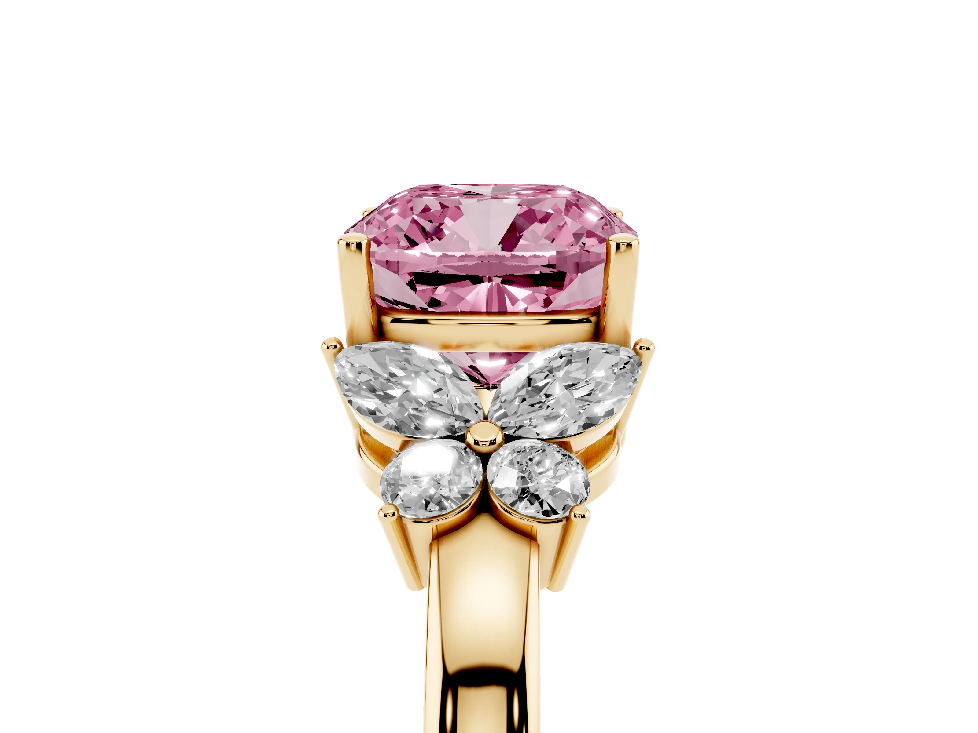 Fancy Pink Cushion Cut Diamond Solitaire Floral Ring Set in Yellow gold with Marquise Petals and Prong Setting