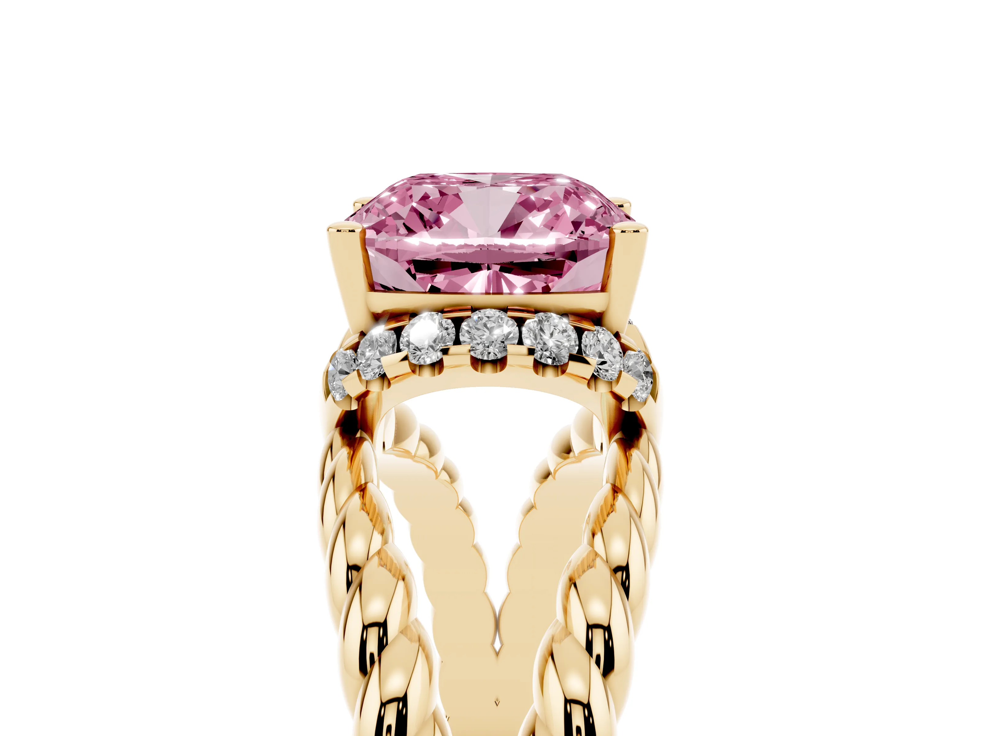 Fancy Pink Cushion Cut Diamond Halo Ring Set in Yellow gold with Twisted Band and Prong Setting