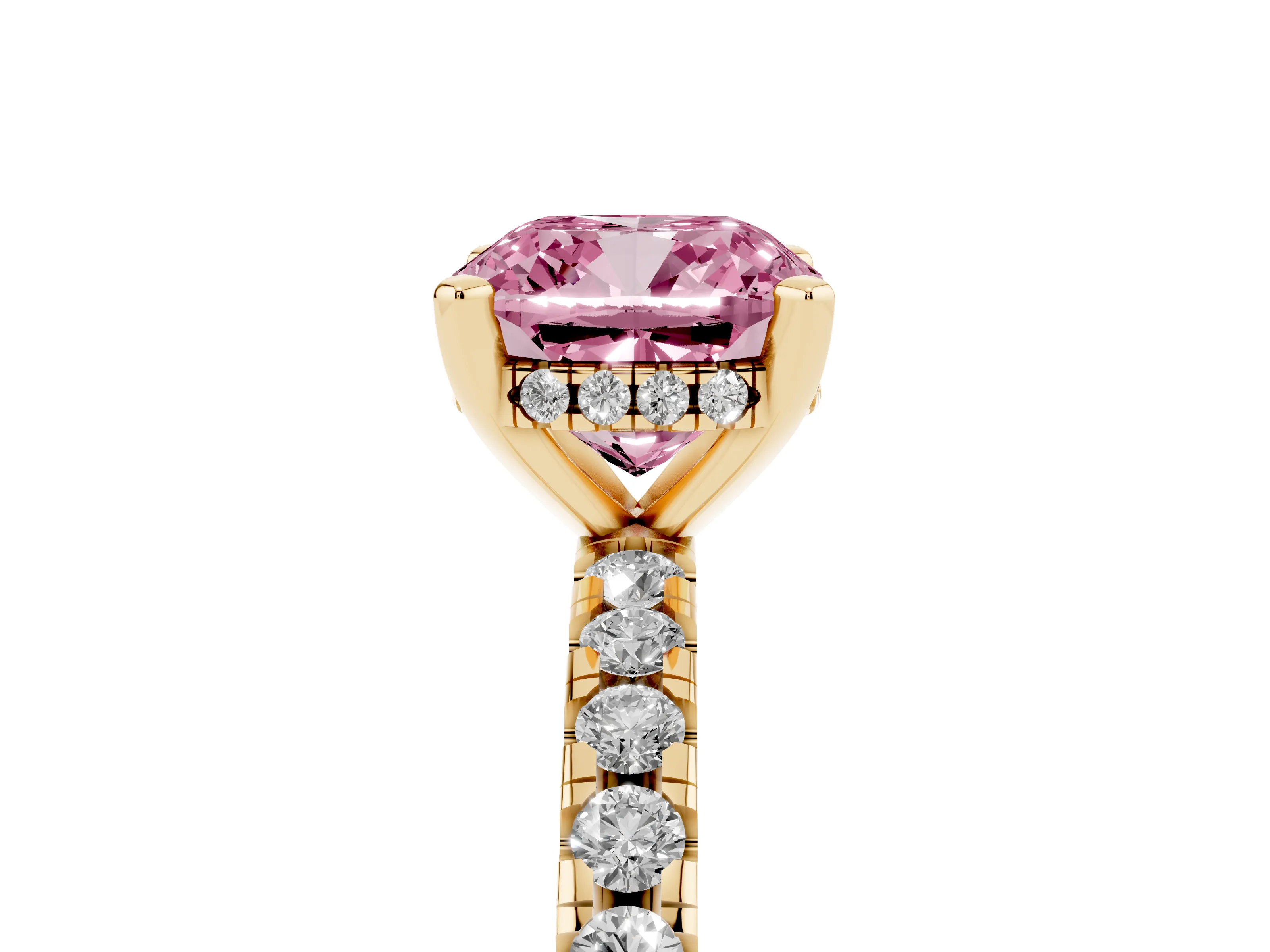 Fancy Pink Cushion Cut Diamond Pavé Solitaire Ring Set in Yellow gold with Round Band Accents and Prong Setting