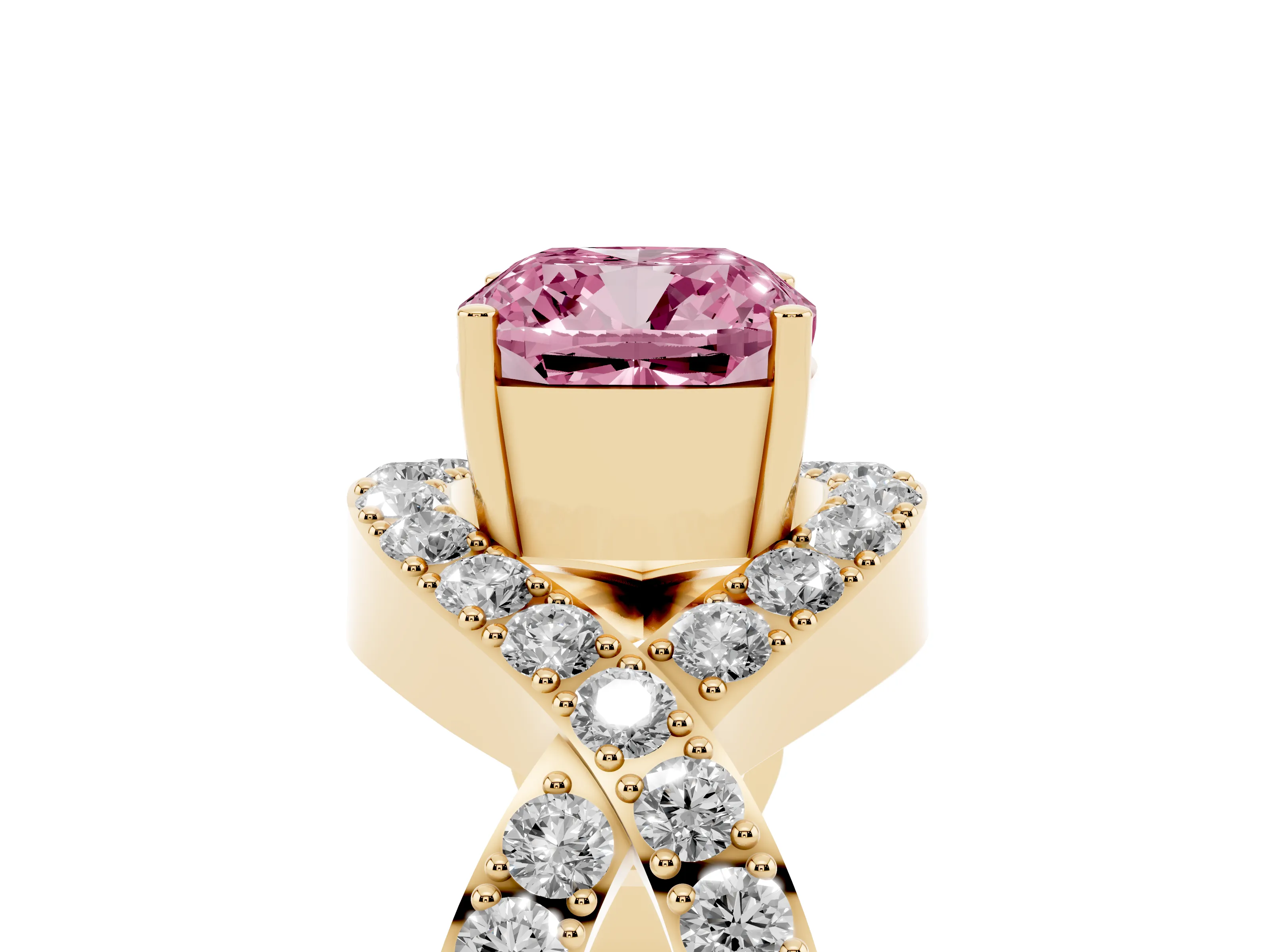 Fancy Pink Cushion Cut Diamond Solitaire Twist Band Pavé Engagement Ring Set in Yellow gold