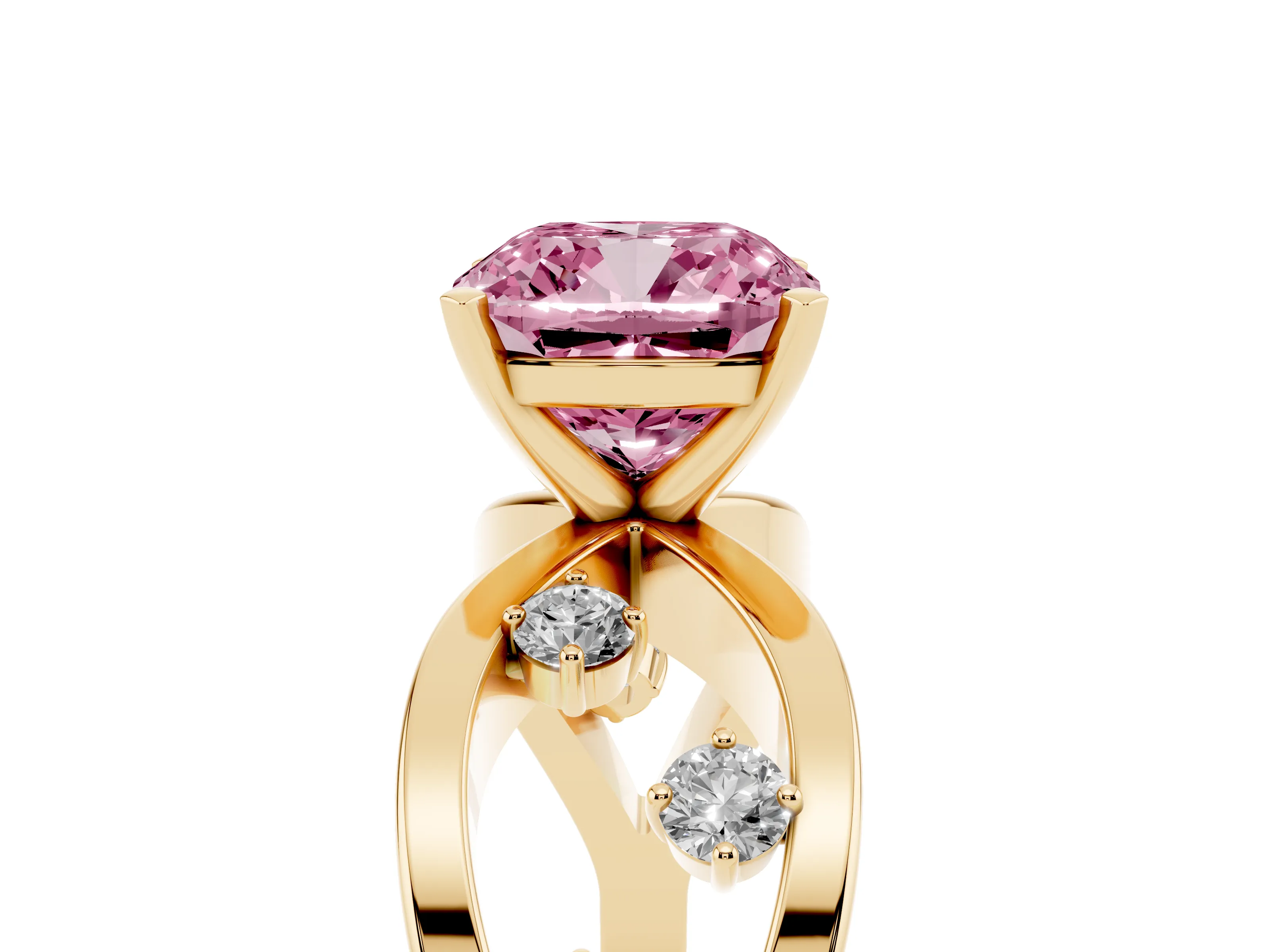 Fancy Pink Cushion Cut Diamond Solitaire Ring Set in Yellow gold with Side Stones on Criss-Cross Band and Prong Setting
