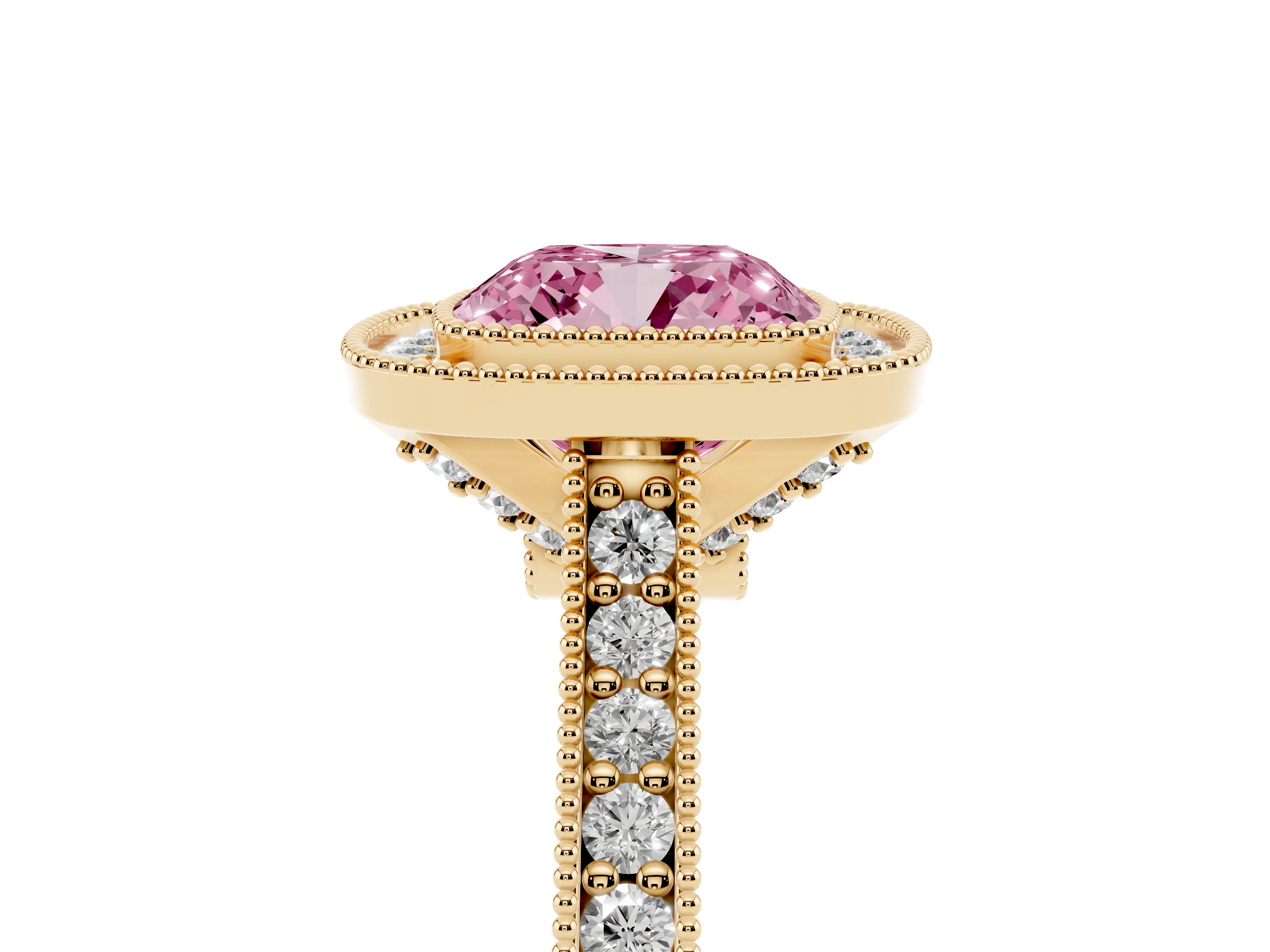 Fancy Pink Cushion Cut Diamond Halo Milgrain Pavé Band Ring Set in Yellow gold with Prong Setting