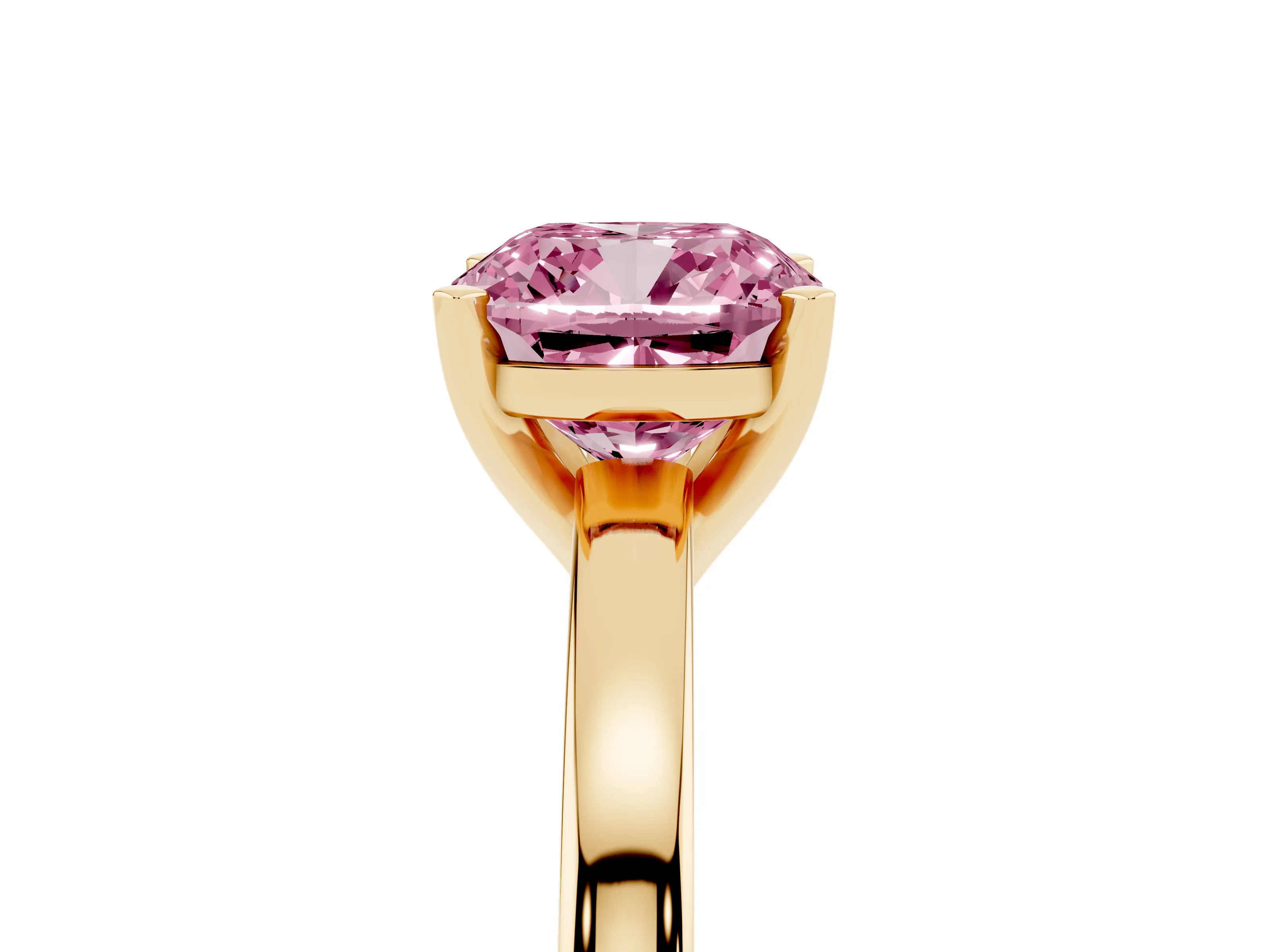 Fancy Pink Cushion Cut Diamond Solitaire Engagement Ring Set in Yellow gold with Prong Setting on a Classic Band