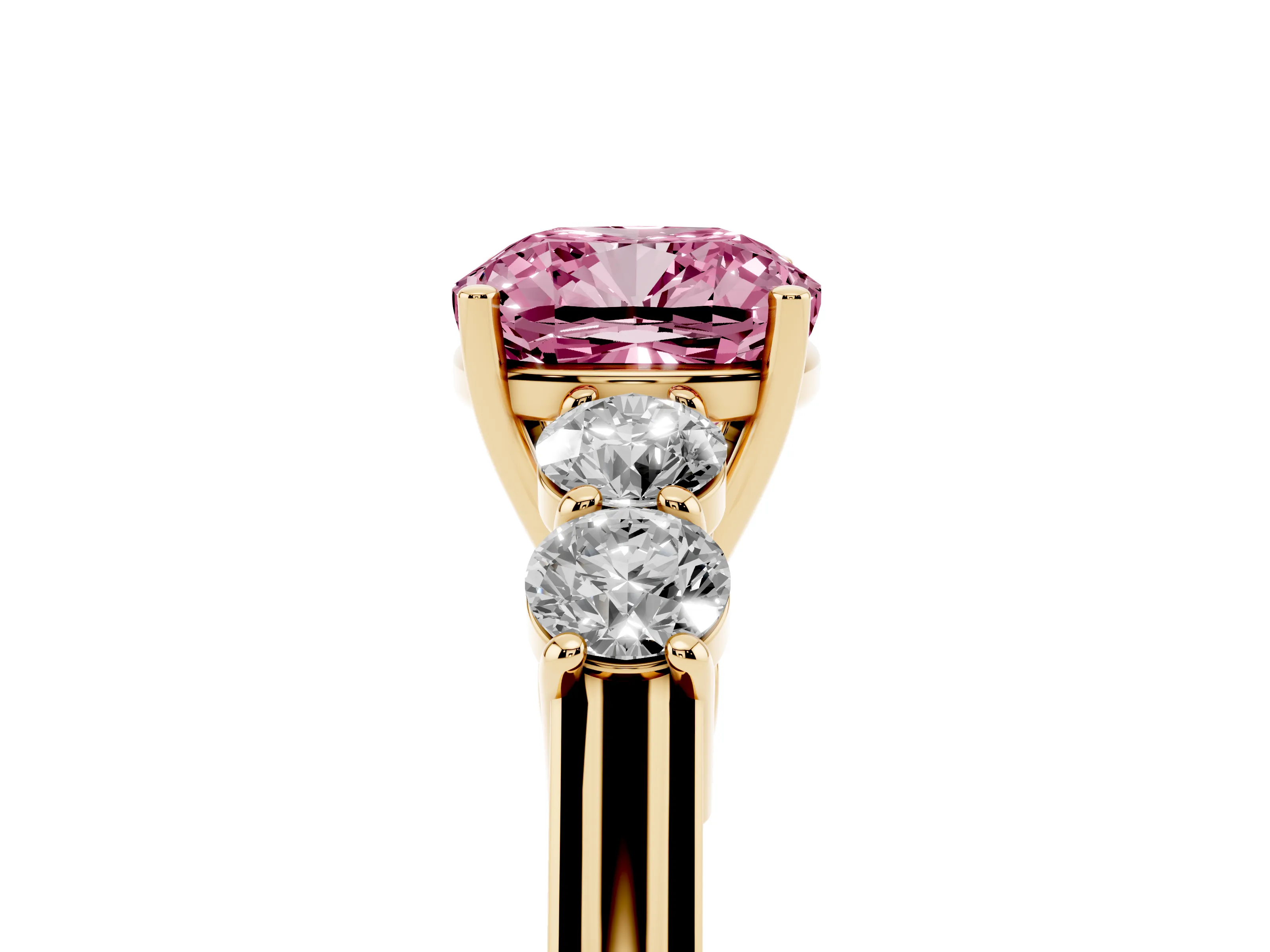 Fancy Pink Cushion Cut Diamond Five-Stone Prong Set Band Ring Set in Yellow gold with Polished Band