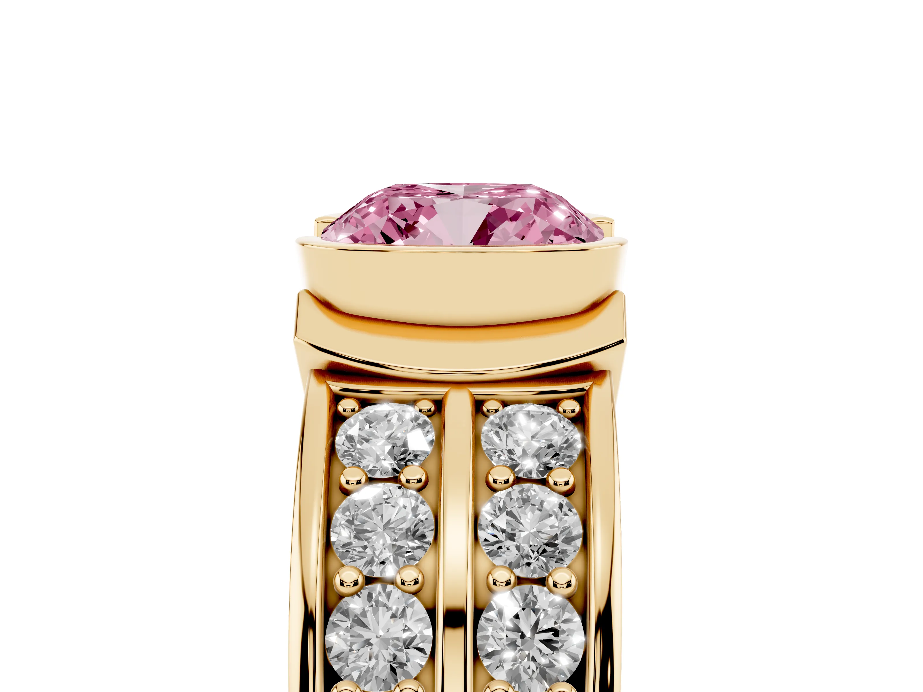 Fancy Pink Cushion Cut Diamond Wide Channel Set Band Ring Set in Yellow gold with Bezel Setting