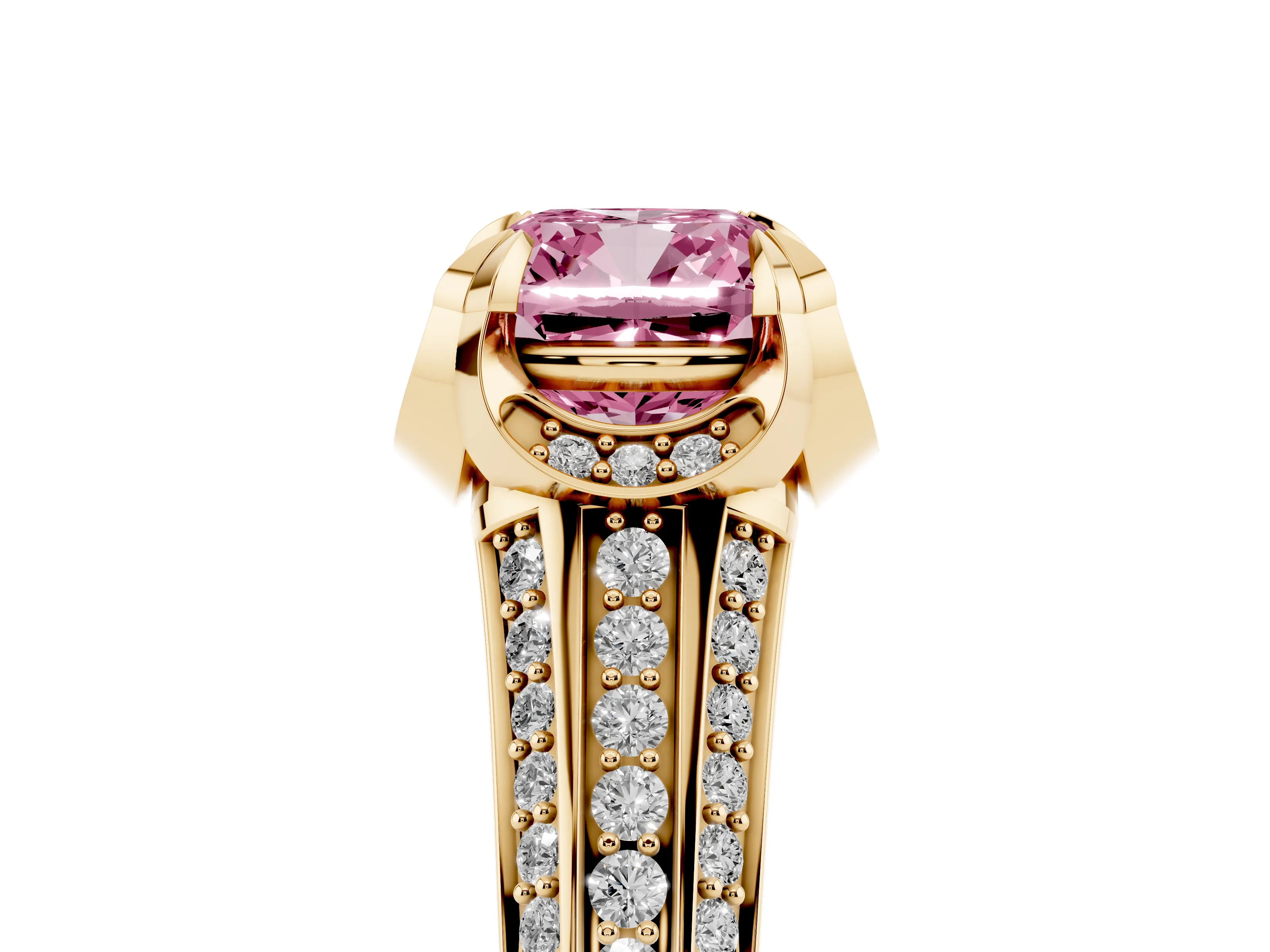 Fancy Pink Cushion Cut Diamond Pavé Split Shank Solitaire Ring Set in Yellow gold with Prong Setting